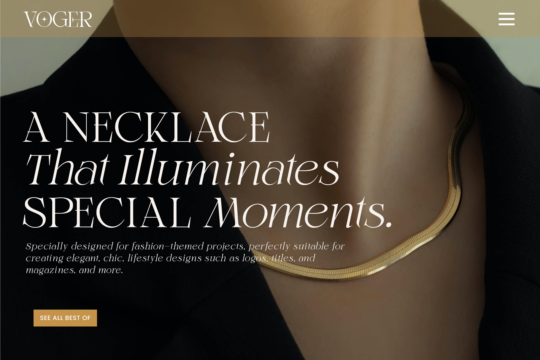 Woman wearing gold-trim necklace against dark blurred background, luxury styling