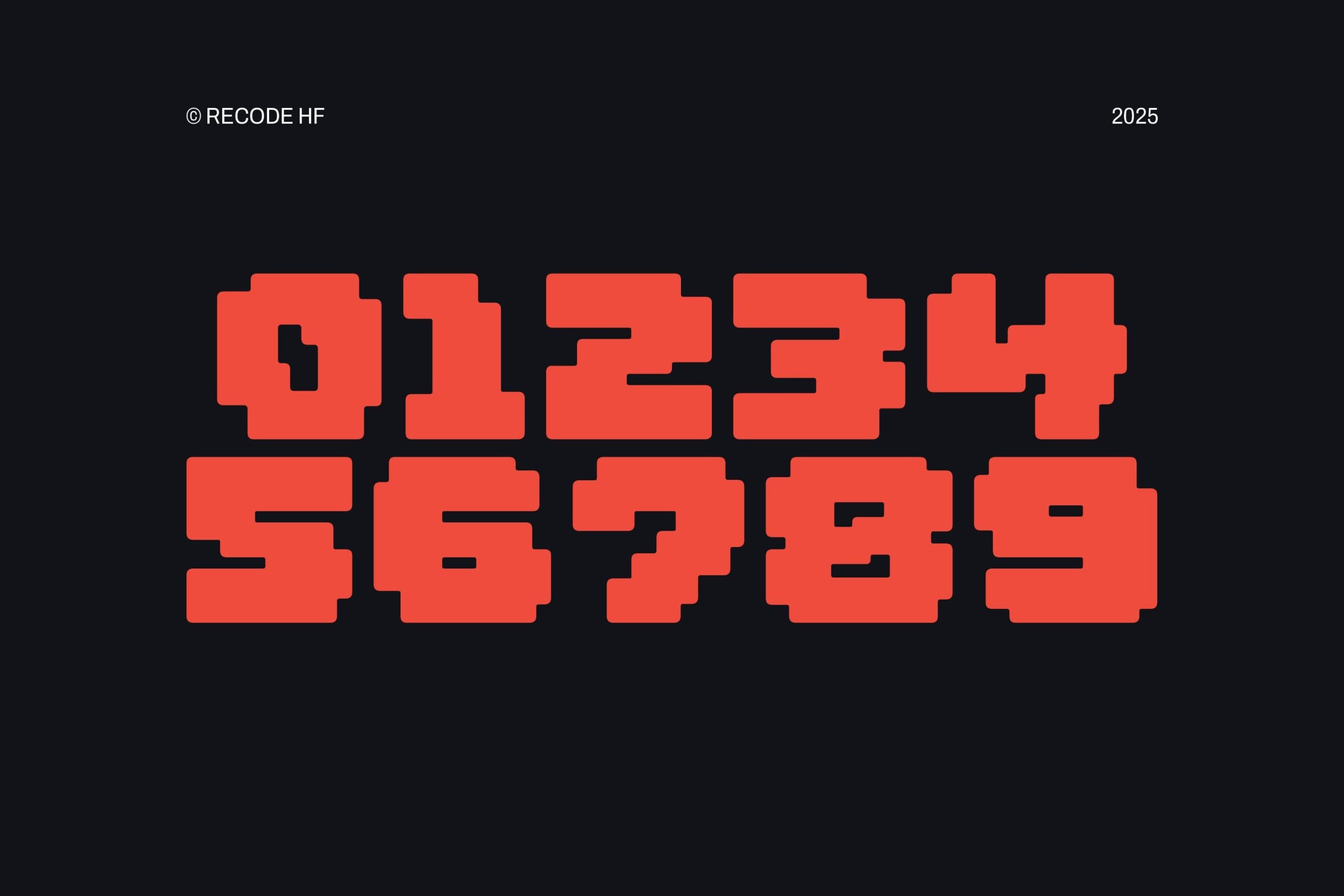 Red pixelated numbers 012394 56239 displaying Recode HF font numerals