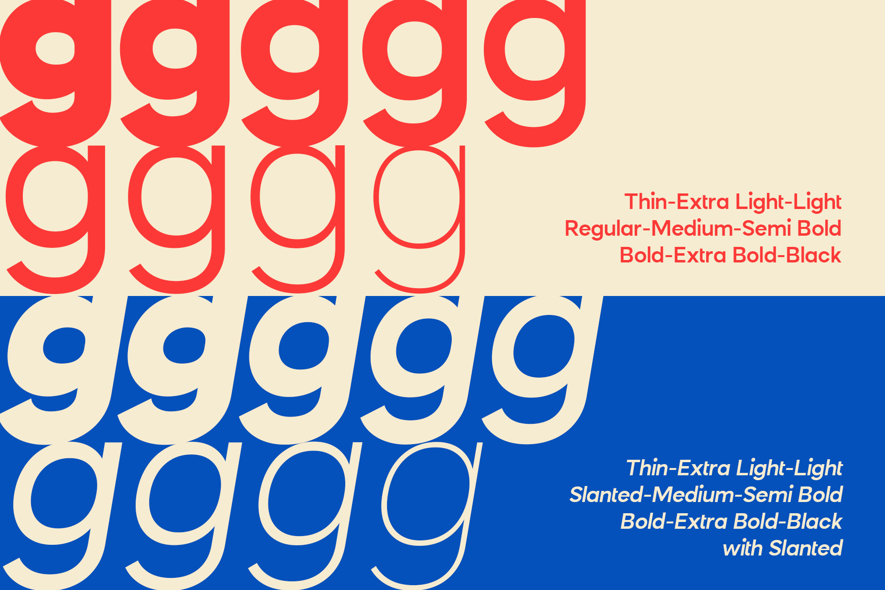 Bold sans serif font family showing all weight variations from thin to black on red blue backgrounds