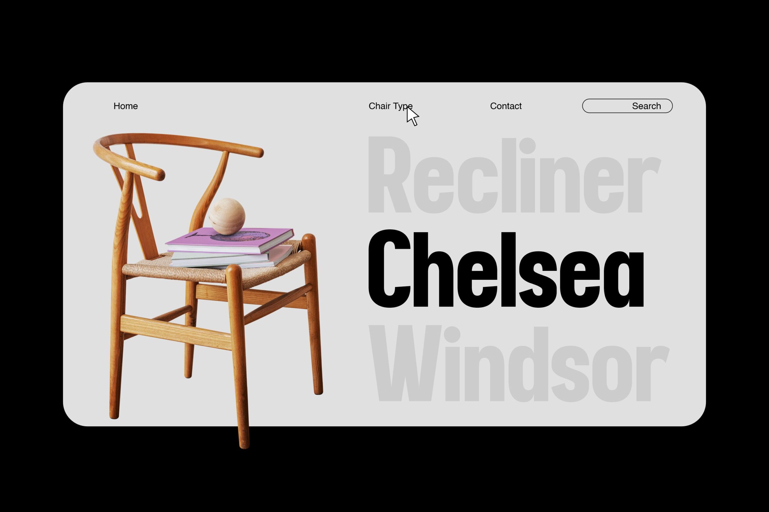 Mid-century modern wooden chair with woven seat displayed on website navigation layout mockup