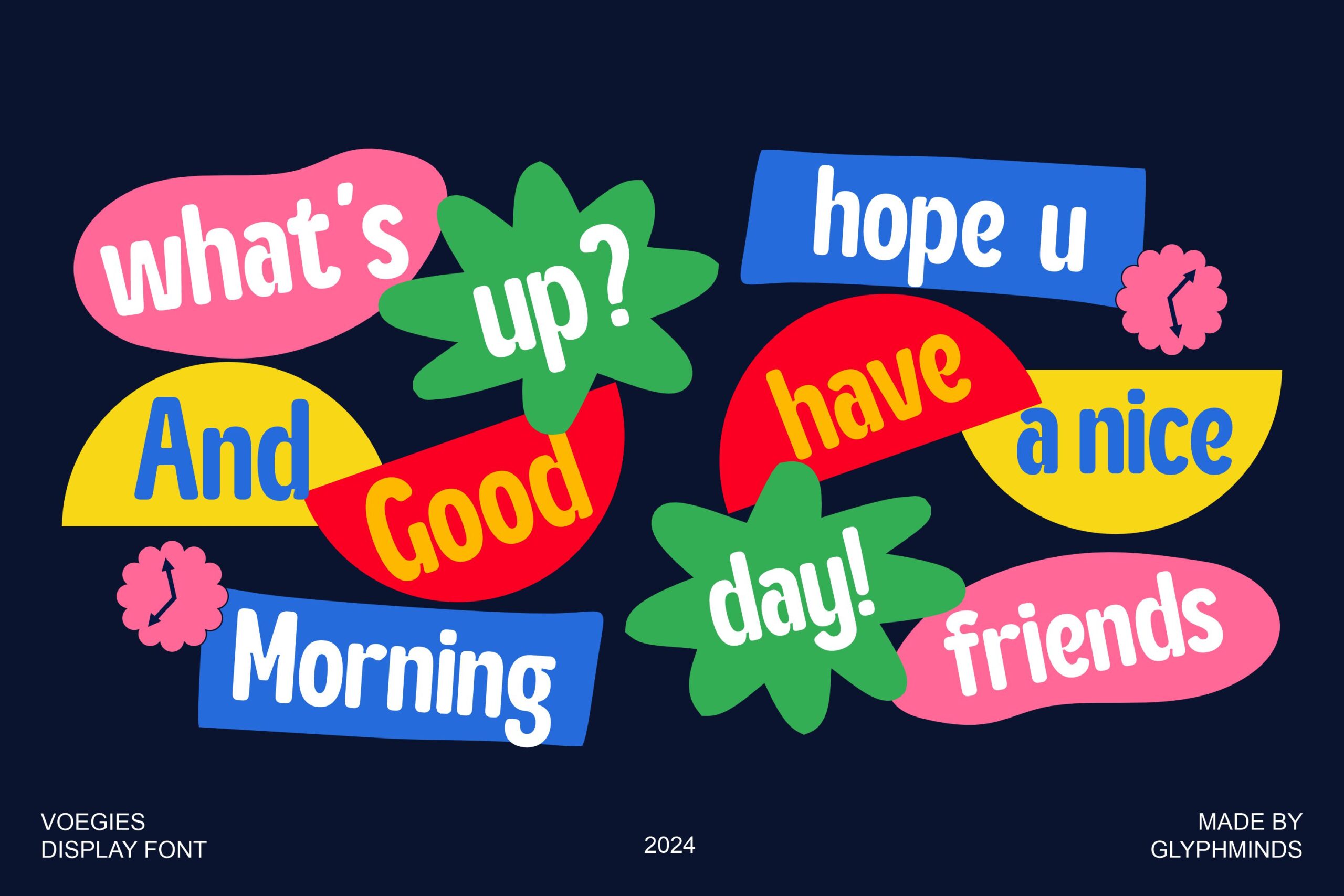 Voegies playful display font showing friendly phrases in bright colored speech bubbles