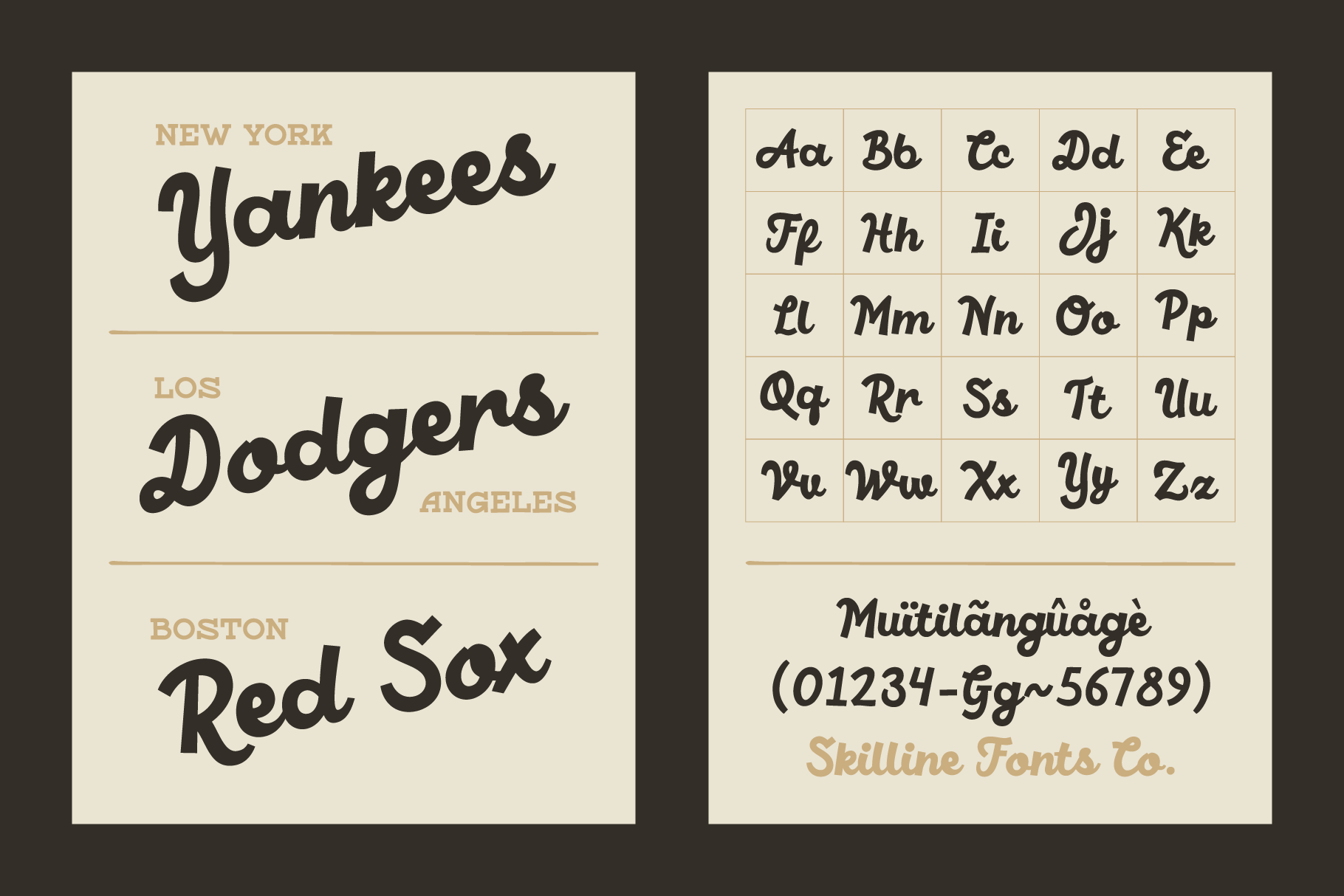 Yankees, Dodgers, Red Sox team names with script font alphabet character grid