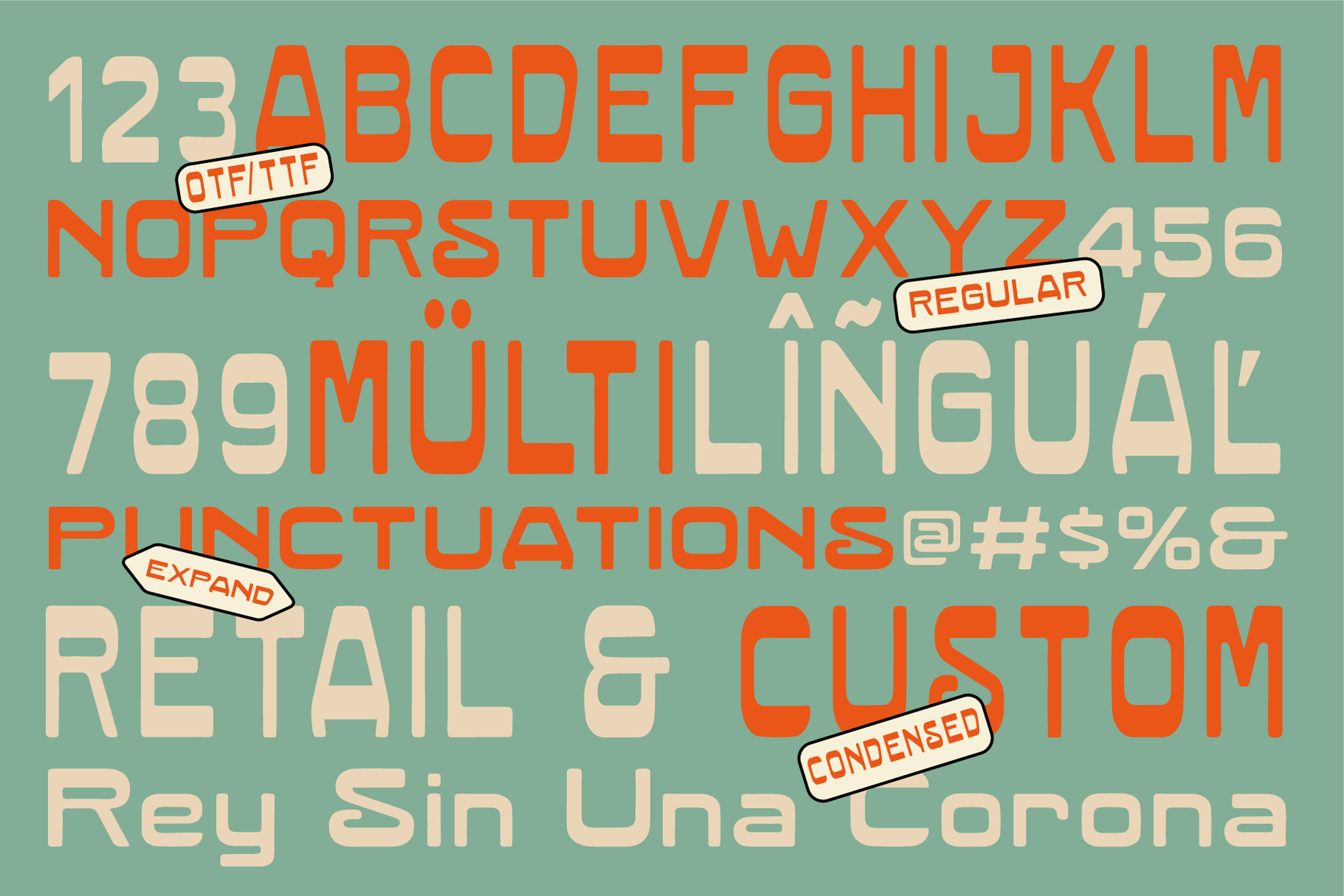 Bold sans serif font family in bright orange with cream alternates, showing full character set with multilingual support