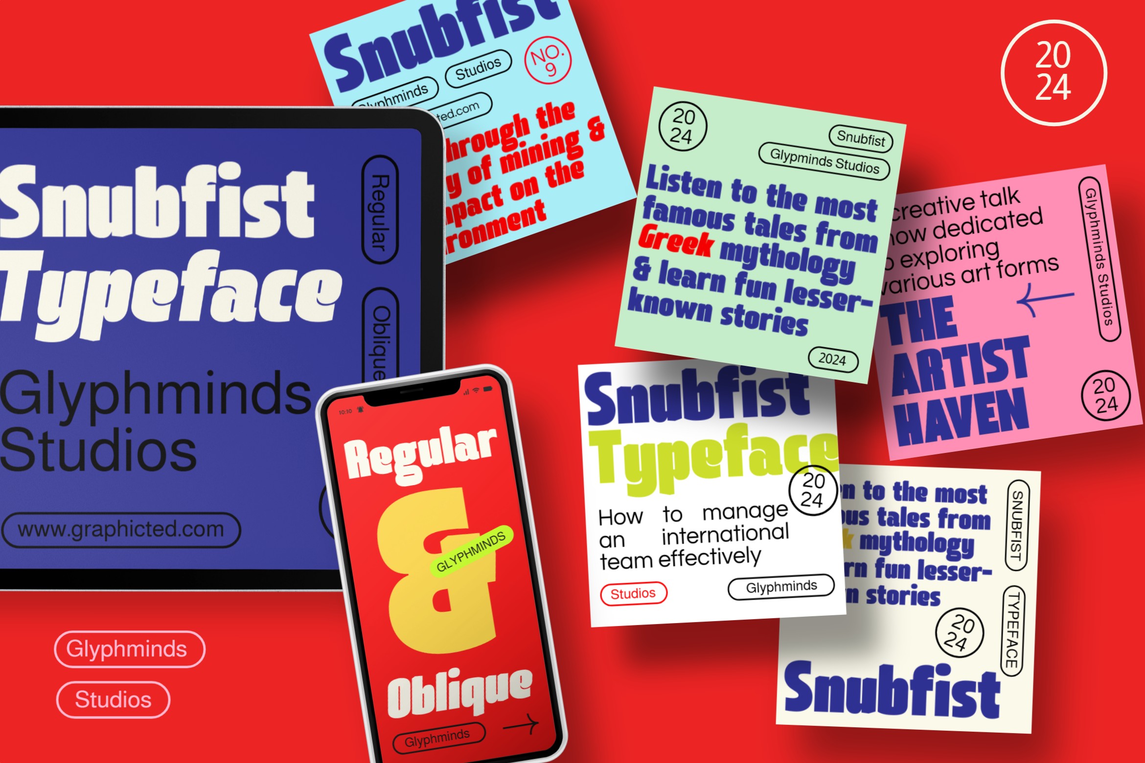Branding mockup with typeface samples on notebook, phone, cards, stickers