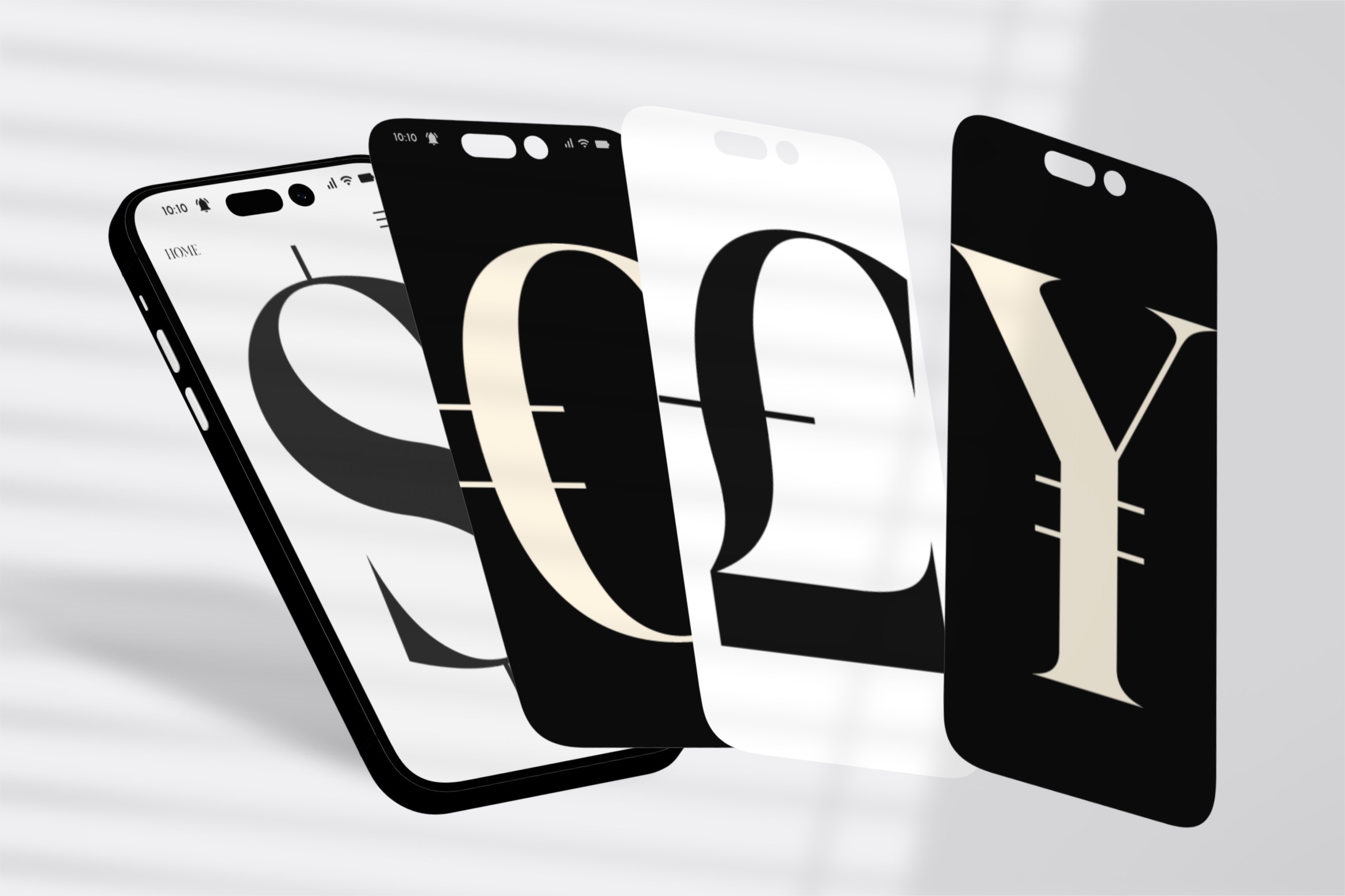 Four smartphone screens displaying serif letter mockups in black, white, cream color variations