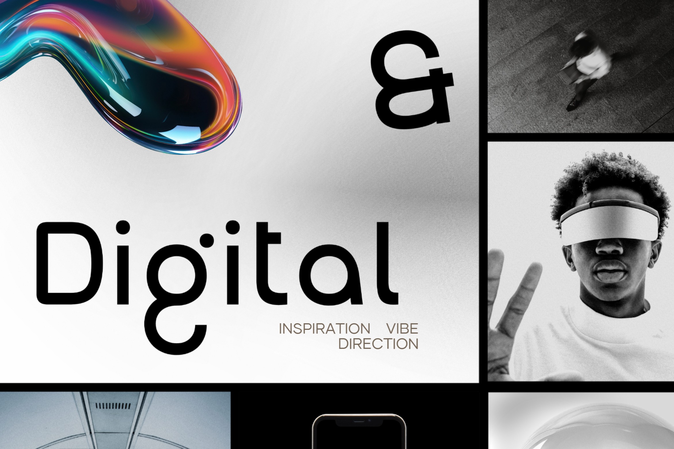 Digital vibe mood board with neon fluid shape monochrome photos black typography