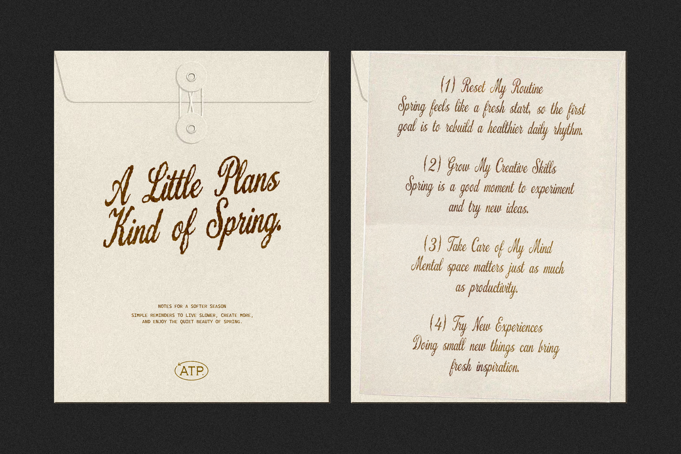 Envelope and paper mockup showcasing elegant handwritten script for spring goals. Perfect for designers looking for stationery templates and graphics.