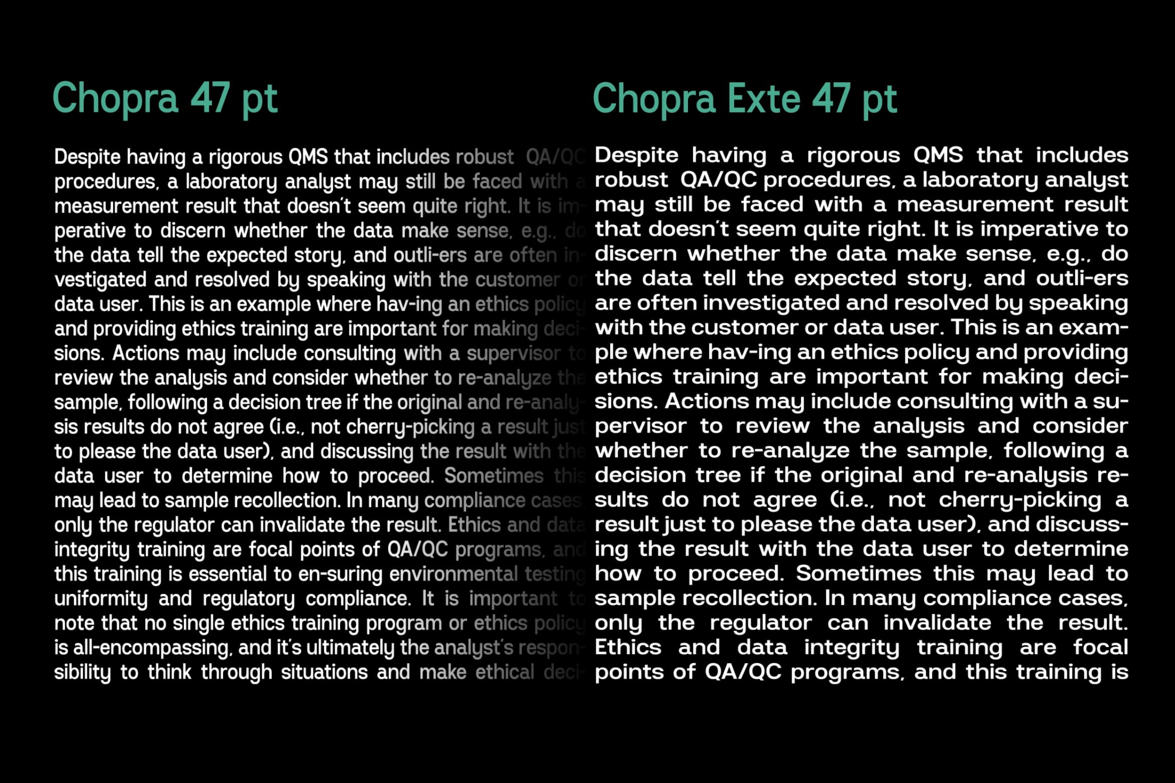 Chopra typeface comparison displaying Regular vs Extended weights with sample text