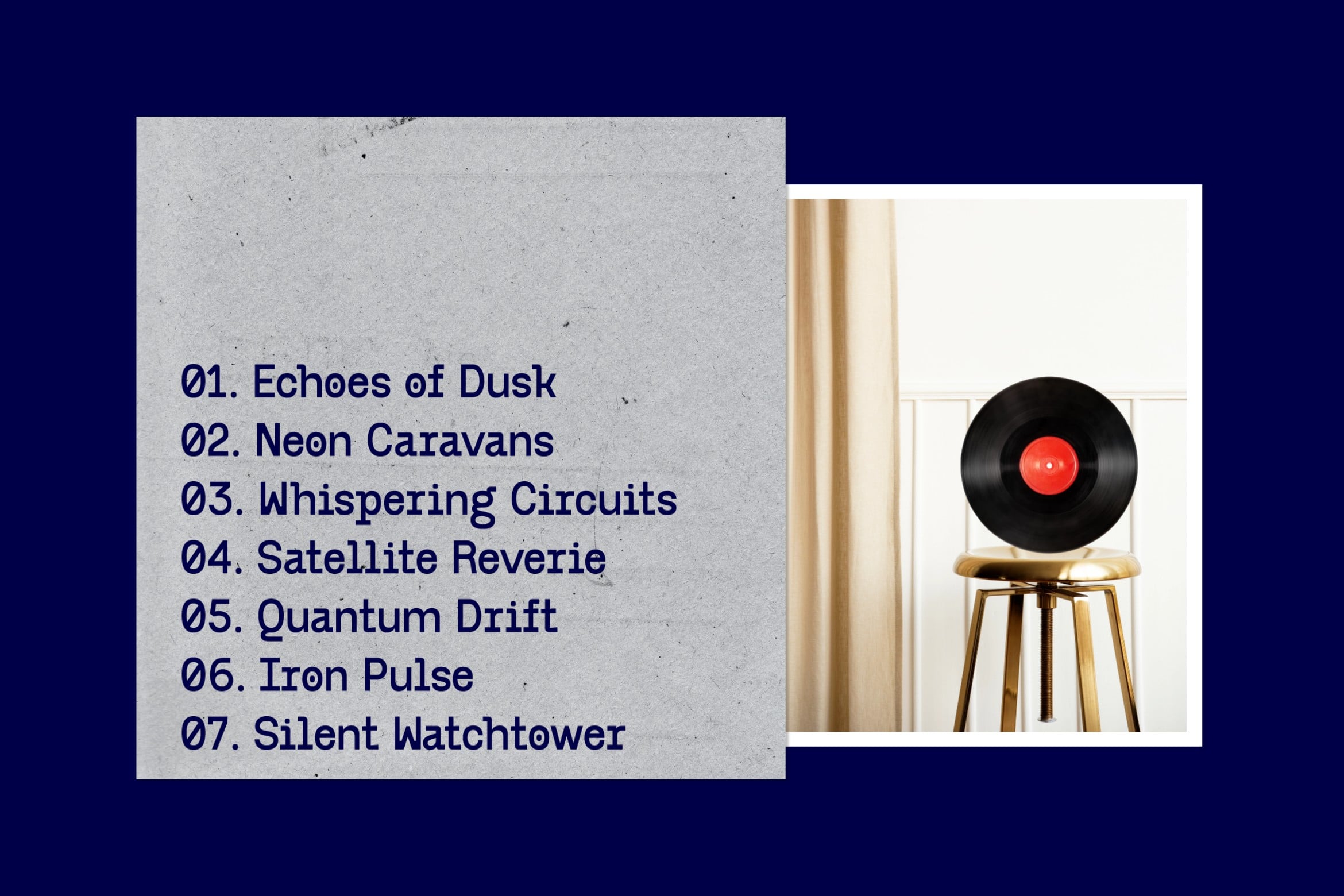 Album tracklist on textured concrete background beside vinyl record on brass stand, modern layout