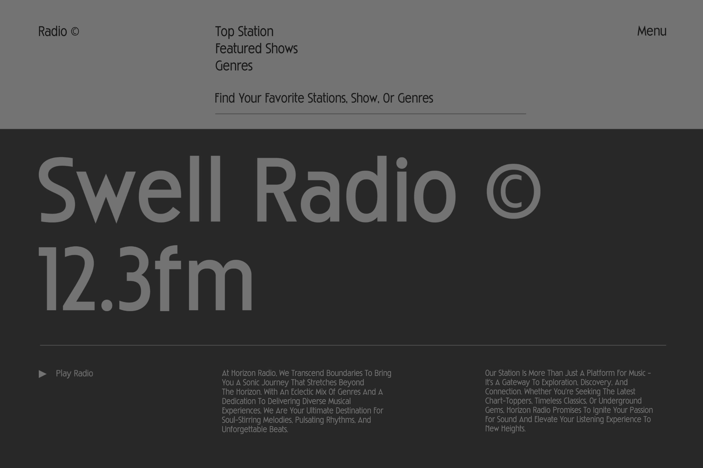Swell Radio station interface showing 12.3fm frequency navigation