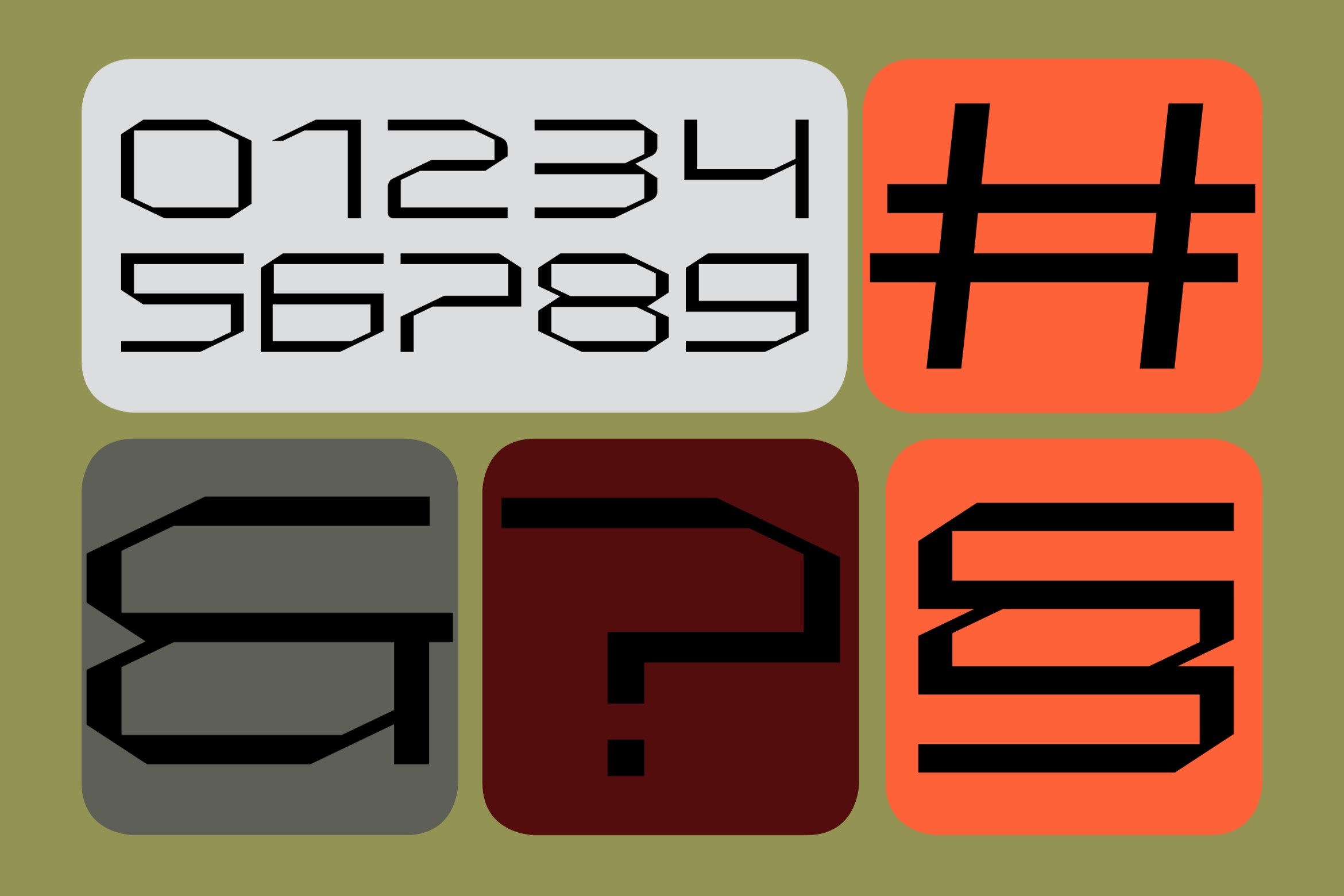 Radiante font specimen showing numbers letters symbols in colored rounded rectangle tiles