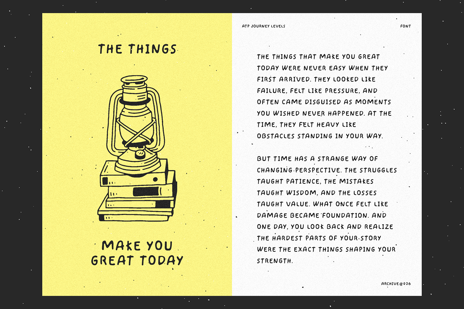 Yellow spread with lantern illustration next to motivational text layout