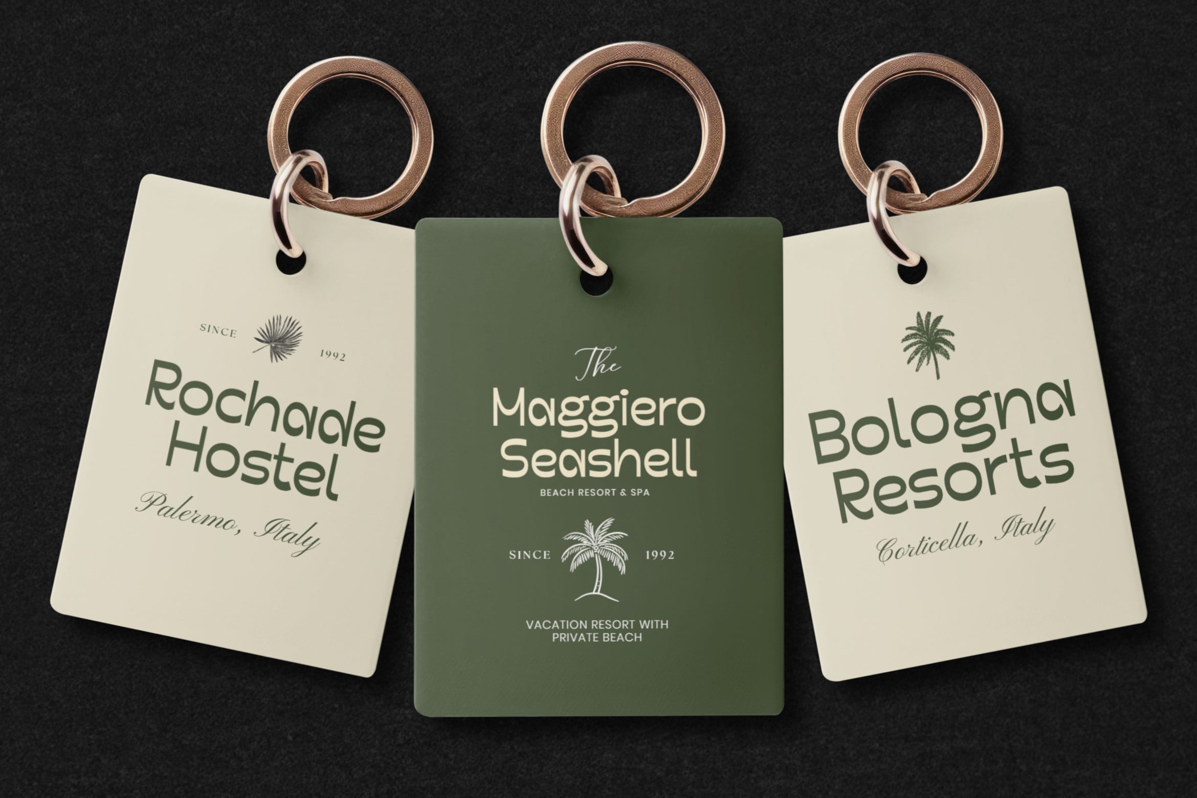 Three luggage tags with palm motifs for Italian resort properties