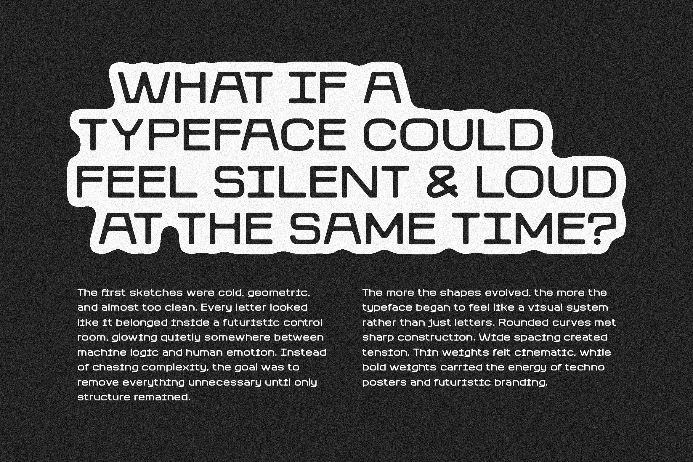 Bold futuristic font poster design with contrasting geometric and rounded elements. Perfect for typography enthusiasts and graphic designers in search of unique fonts.
