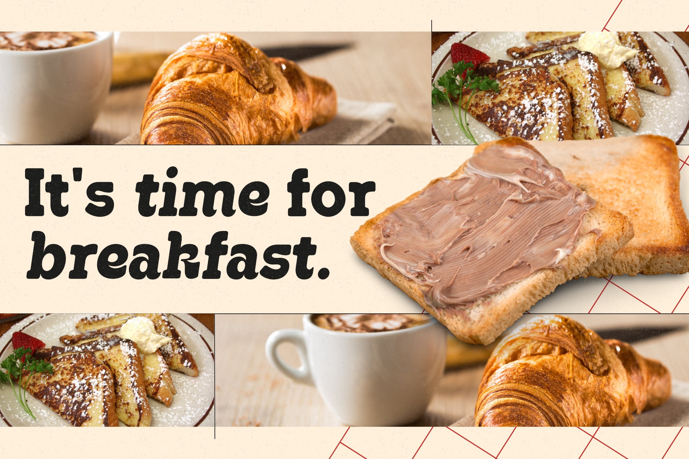 Breakfast collage with croissants toast French press coffee spread imagery