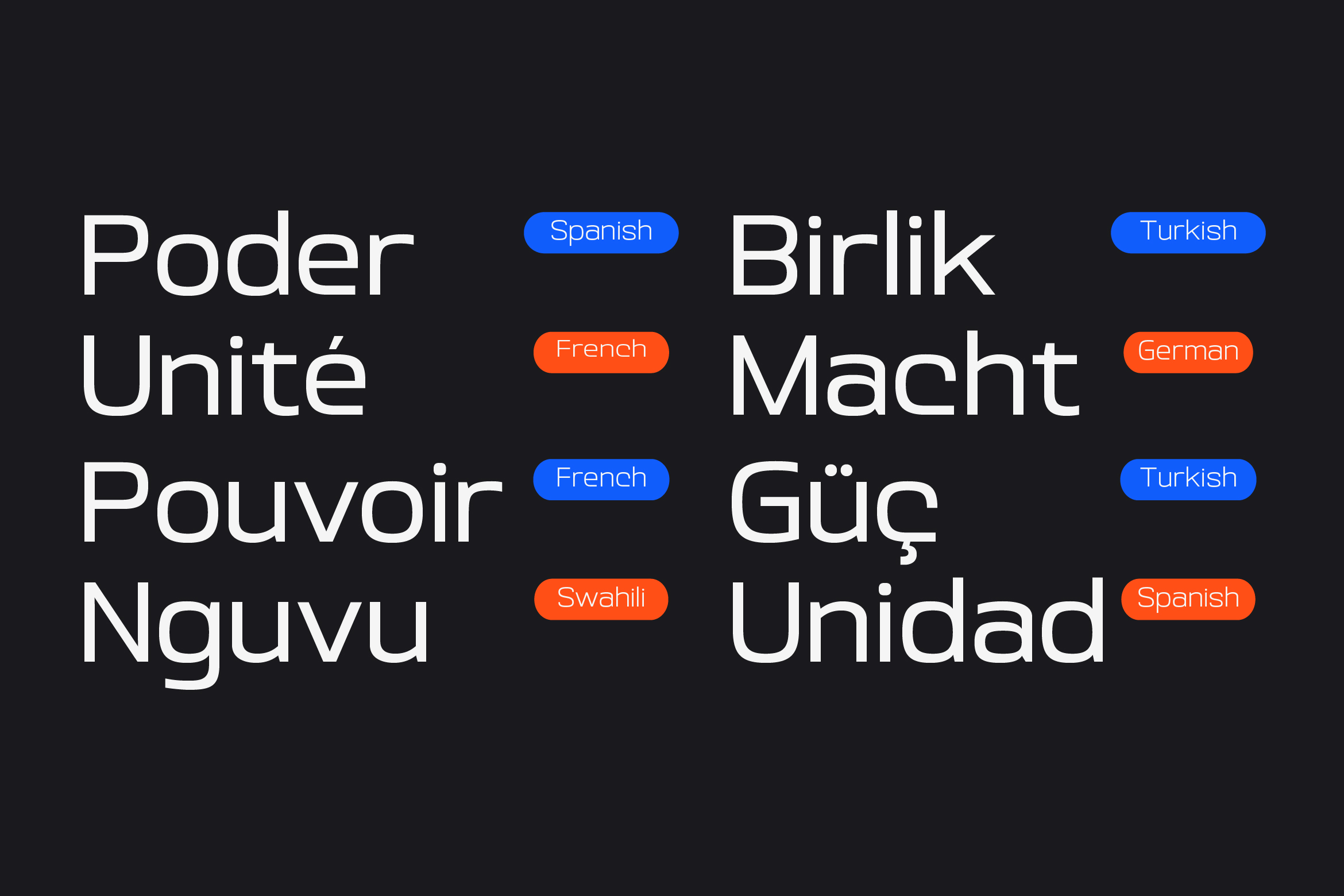 Words in multiple languages with color-coded language labels on dark background