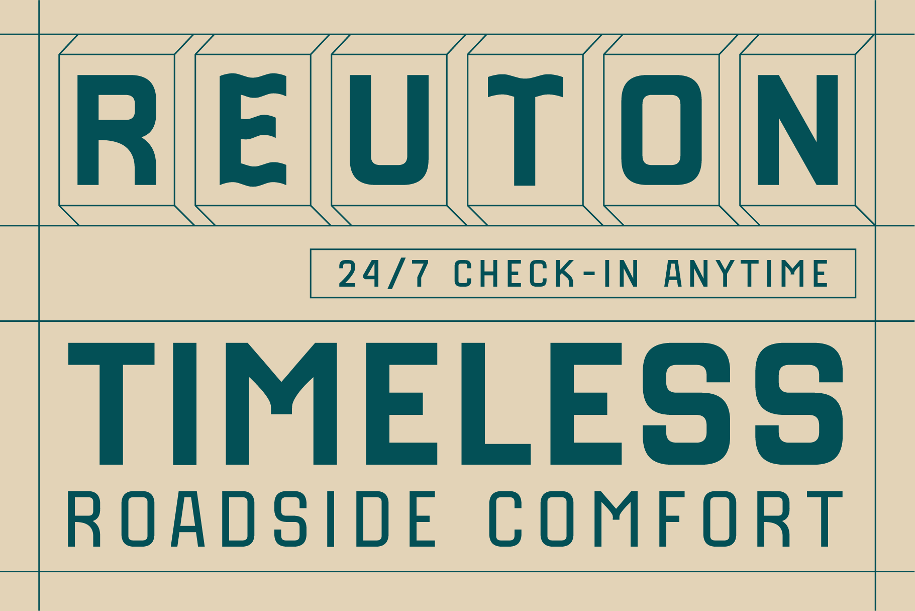Vintage motel sign reading Reuton with 24/7 check-in anytime, timeless roadside comfort theme