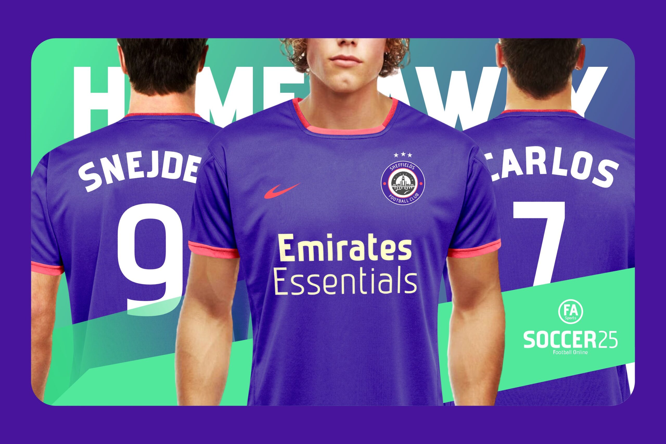Soccer25 game mockup with football jersey front back Nike purple design