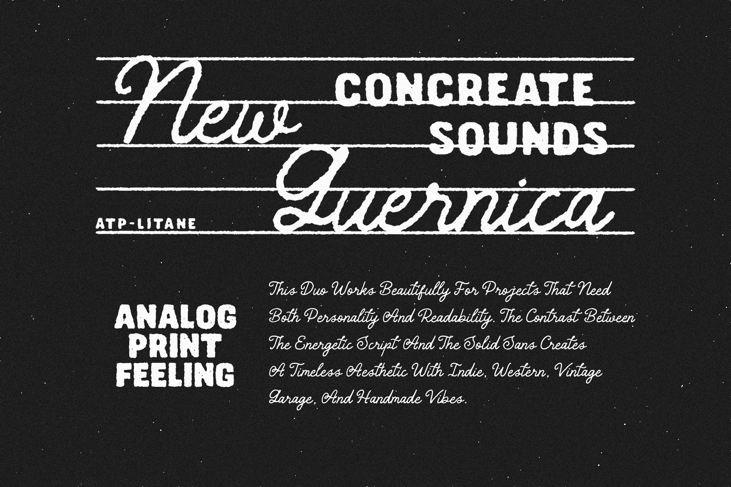 Vintage font design showcasing New Guernica with scripts and sans-serif styles. Ideal for creative projects needing a retro analog print aesthetic.