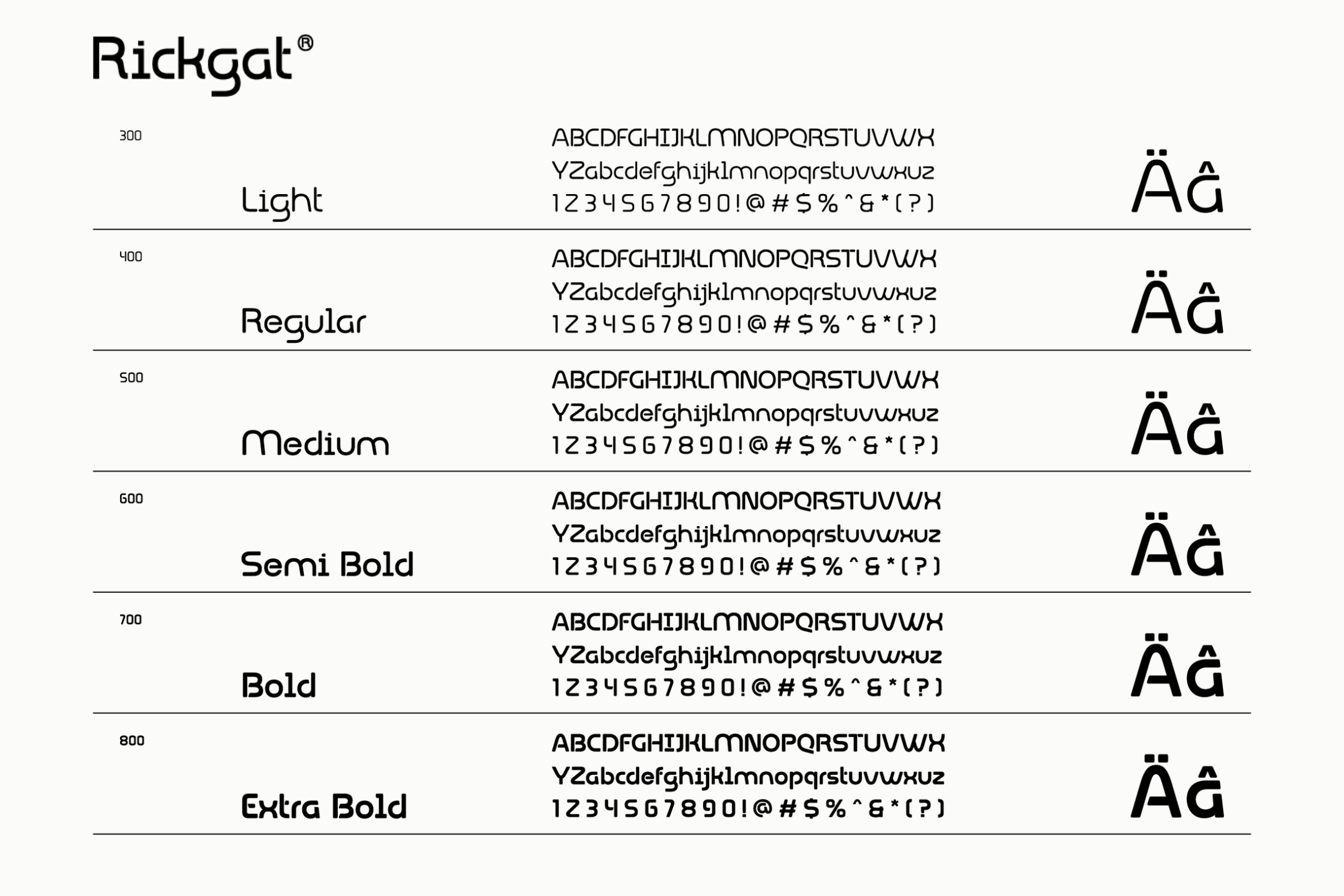 Rickgat font weights from Light to Extra Bold with character set