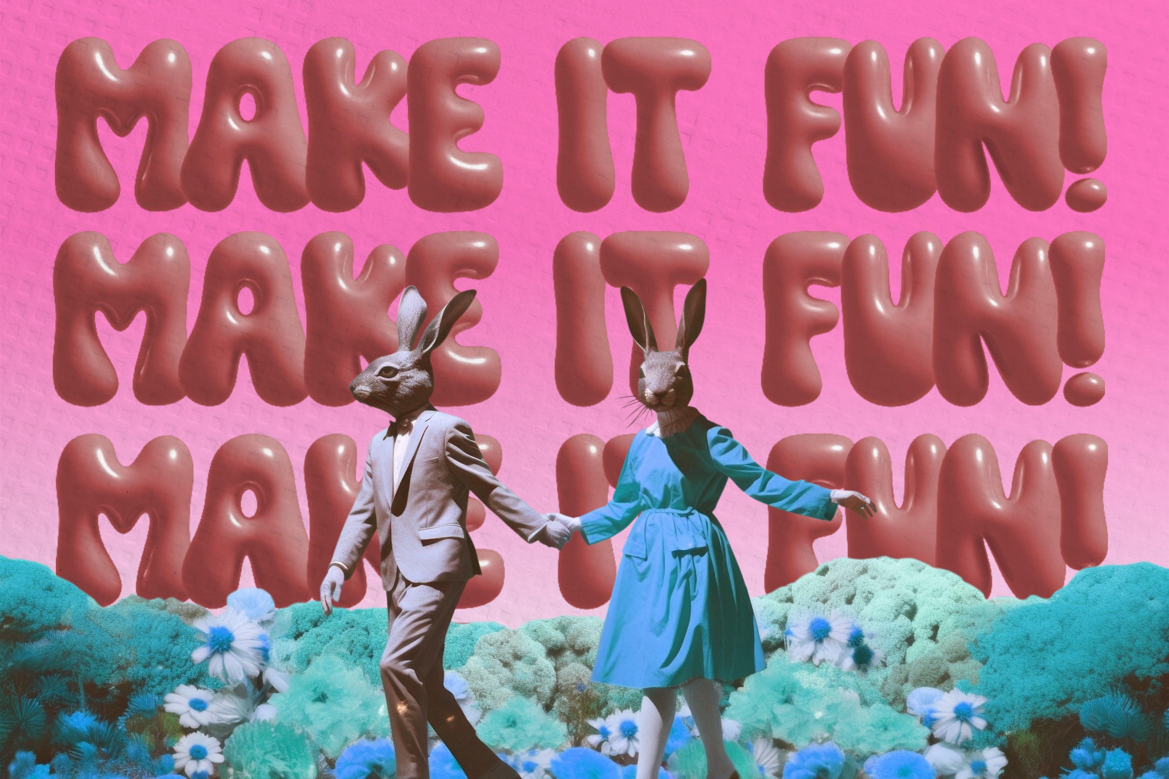 Two rabbits in clothes holding hands with pink bubbly text Make It Fun behind them