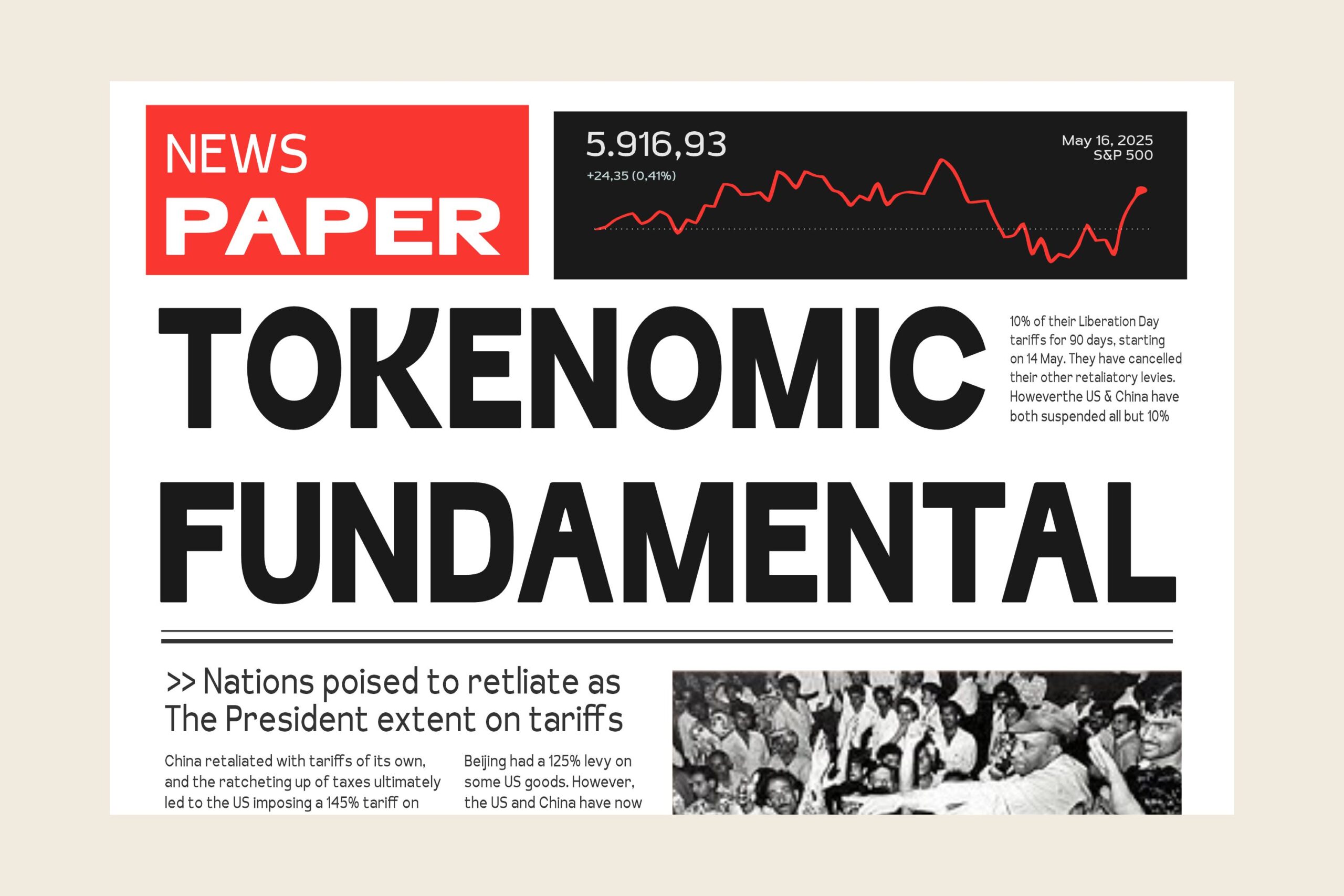 Newspaper front page mockup with financial news layout, red header, stock chart