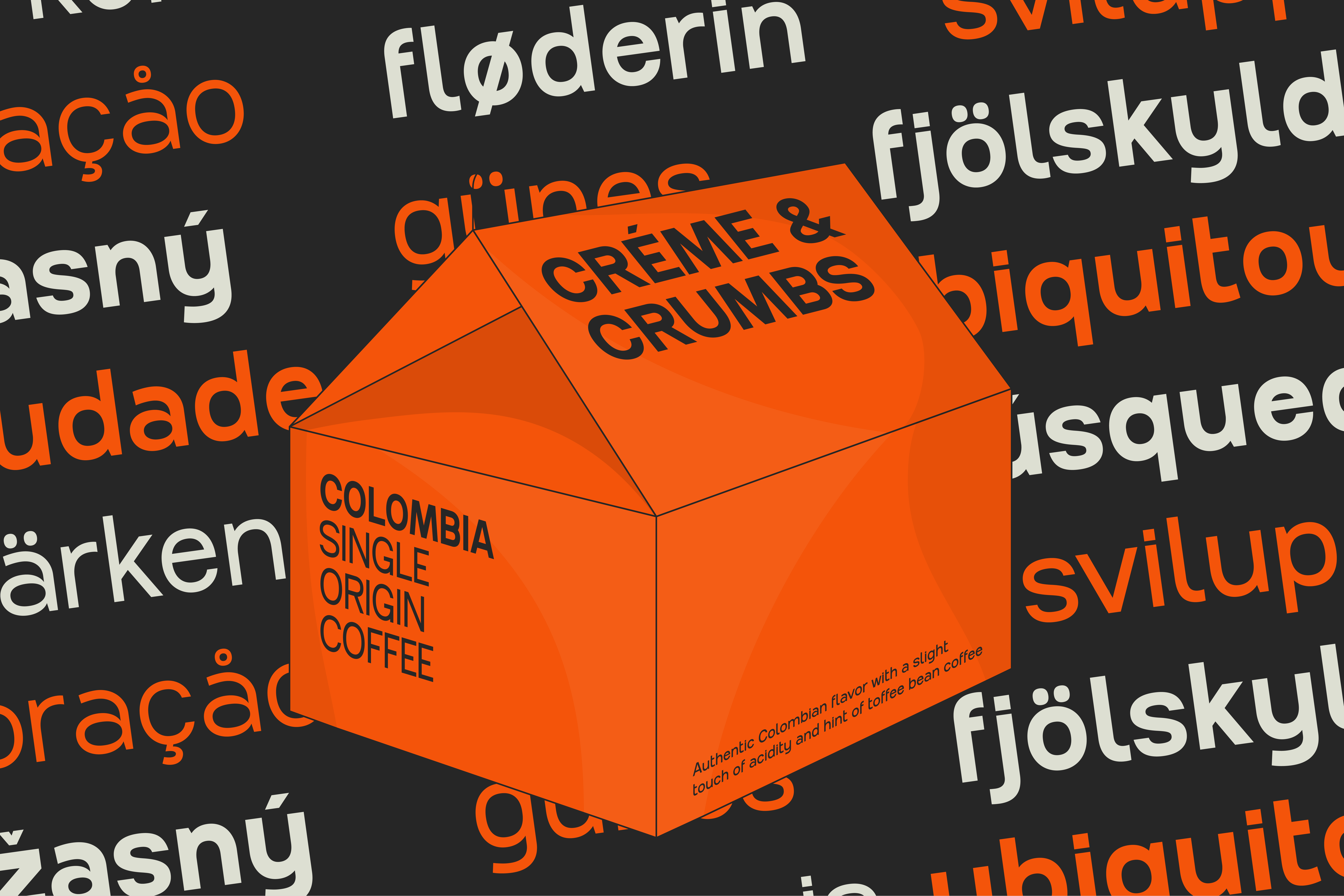 Bold typeface design on a vibrant orange coffee package with multilingual typography. Perfect for branding and packaging mockups.