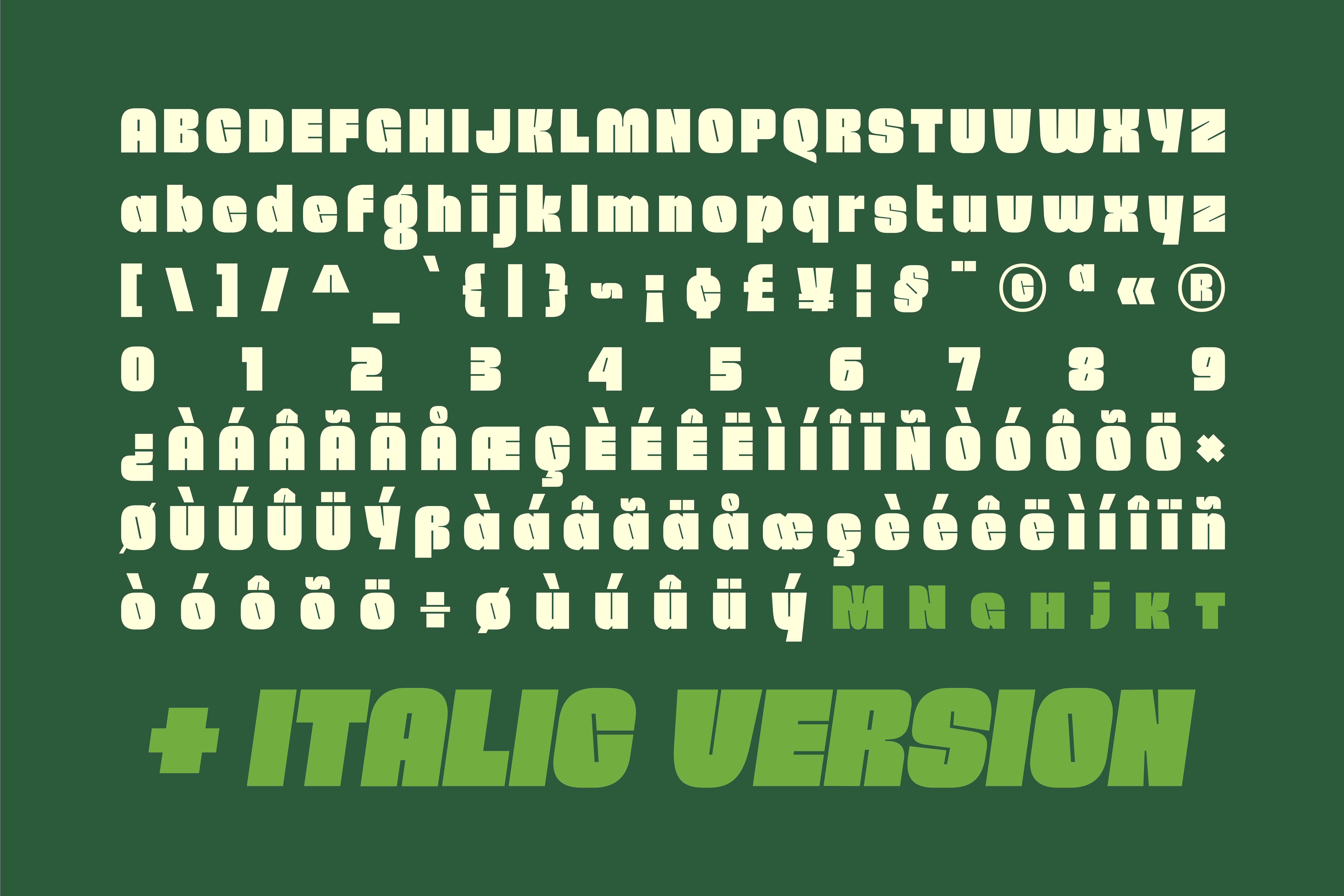 Bold sans-serif font alphabet with uppercase lowercase numerals punctuation accent marks plus italic version on green background suitable for typography design