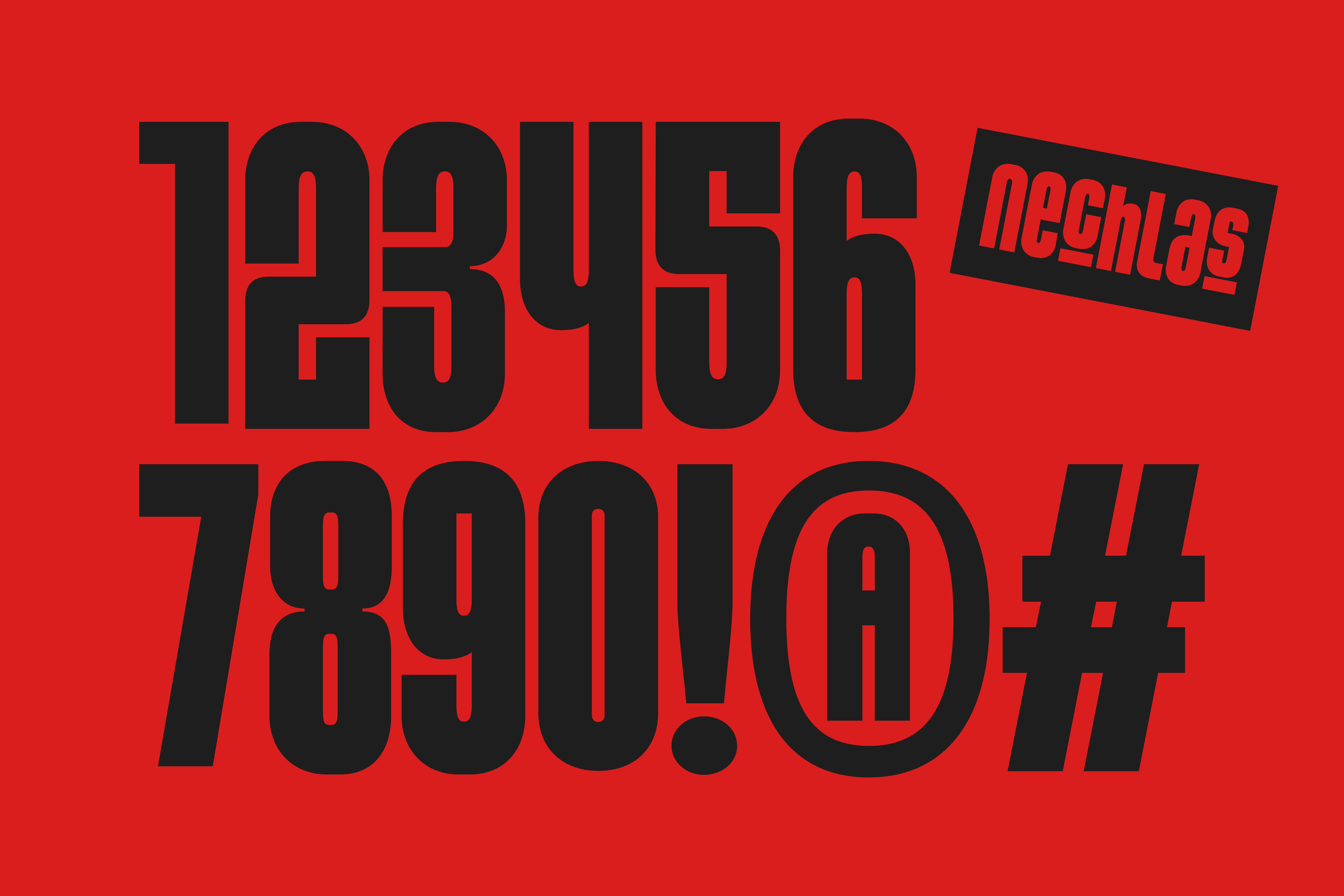 Bold font numbers and symbols in black on a vibrant red background for designers, suitable for creating striking visual graphics and digital templates.