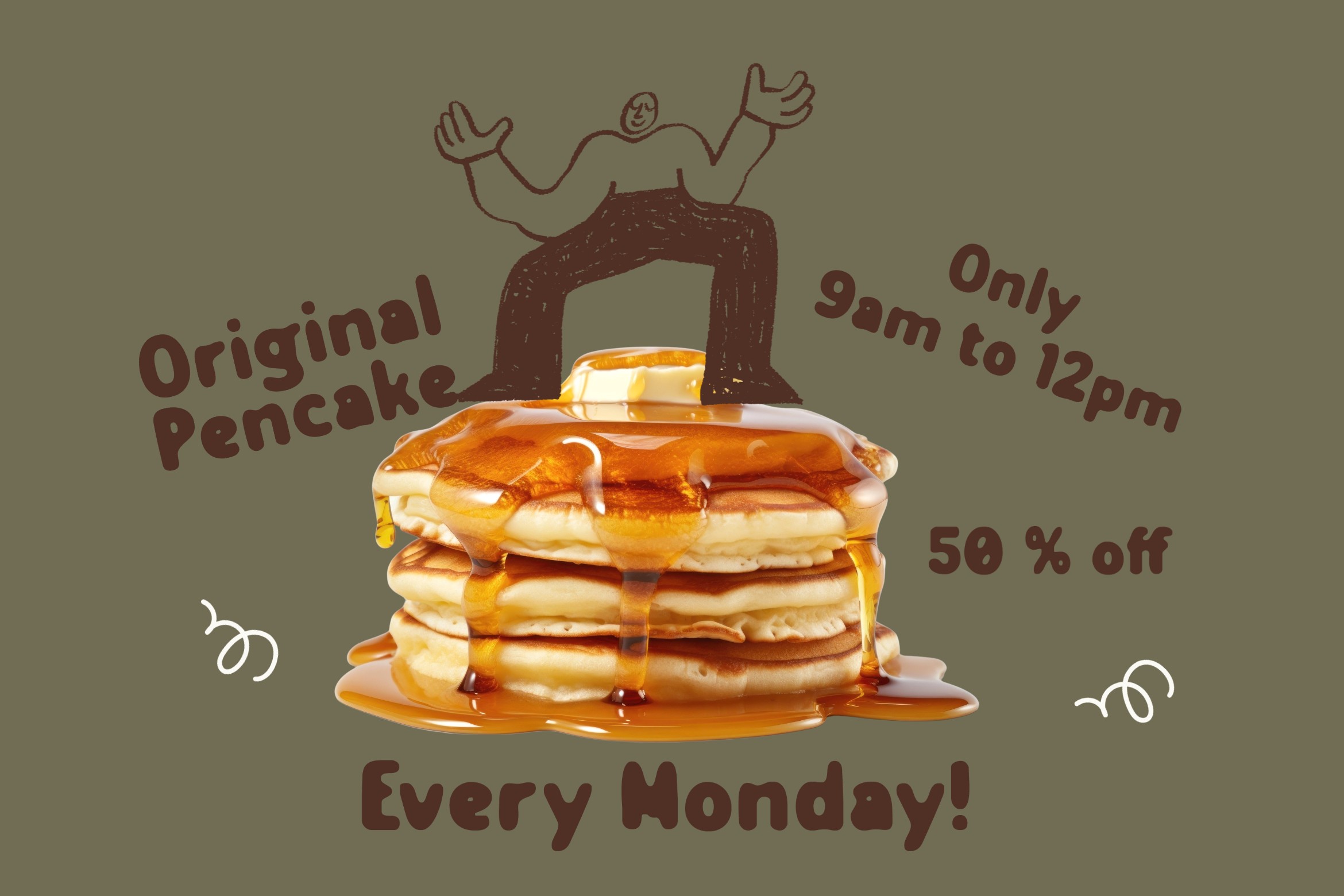 Cheerful pancake stack with syrup, doodle character on top, retro cafe vibes