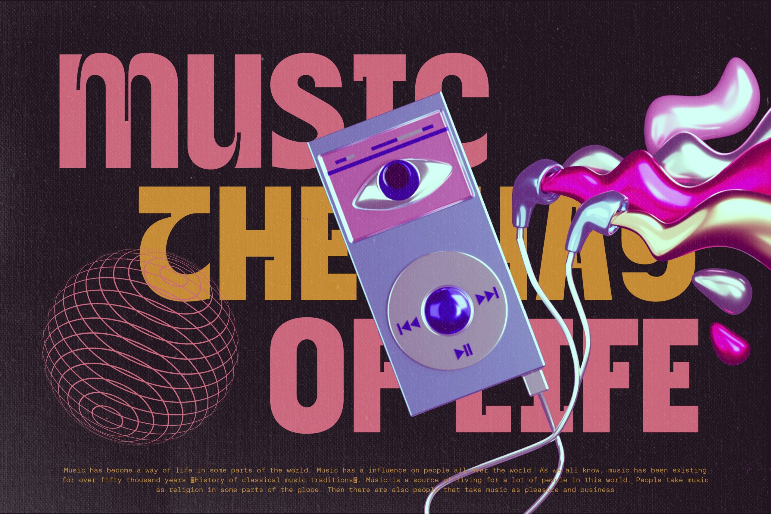 Retro 80s poster with pink text, vintage cassette player, neon shapes on dark background