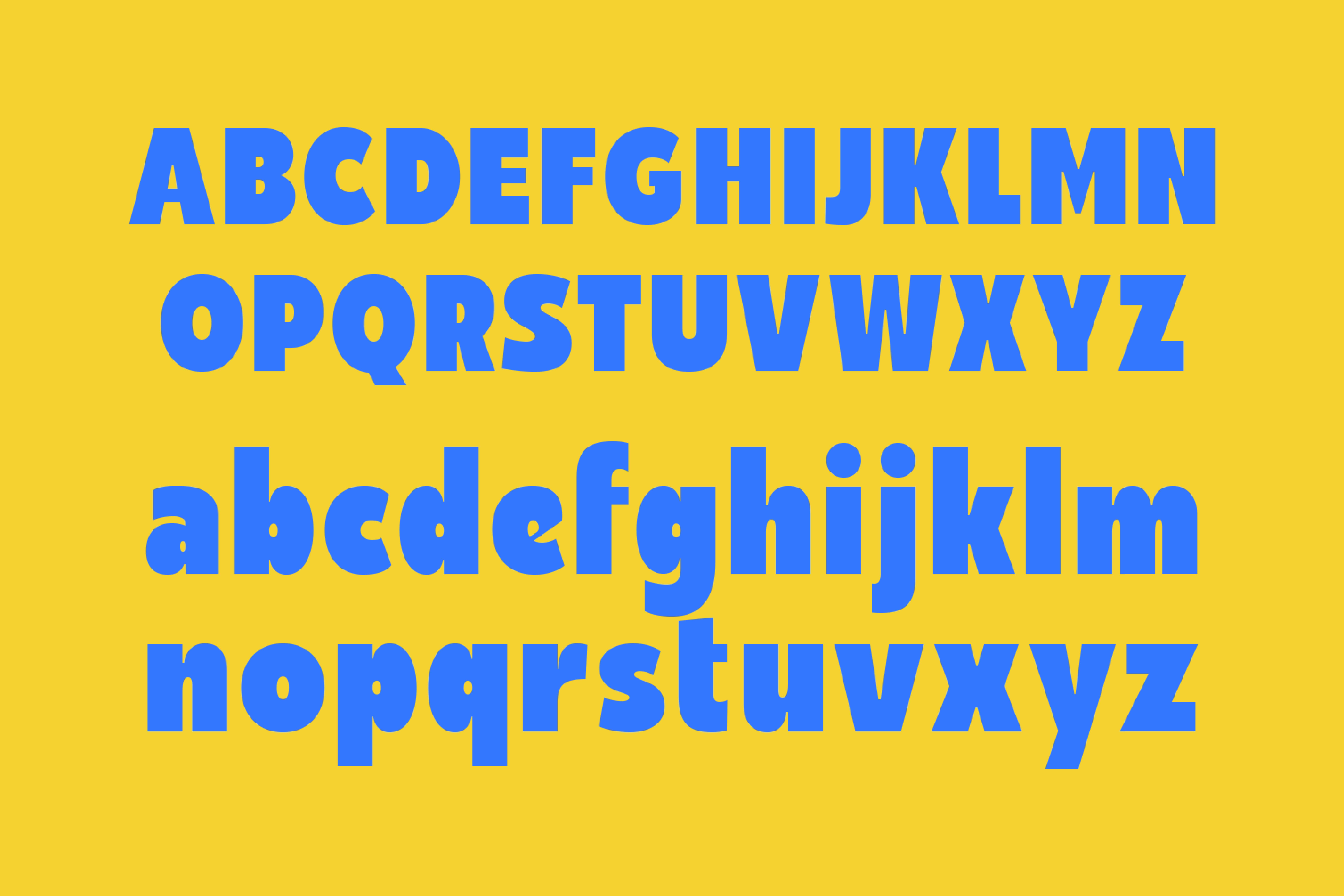 Bold blue font on yellow background showcasing uppercase and lowercase alphabet. Perfect for graphic designers and typography enthusiasts. Fonts resource.