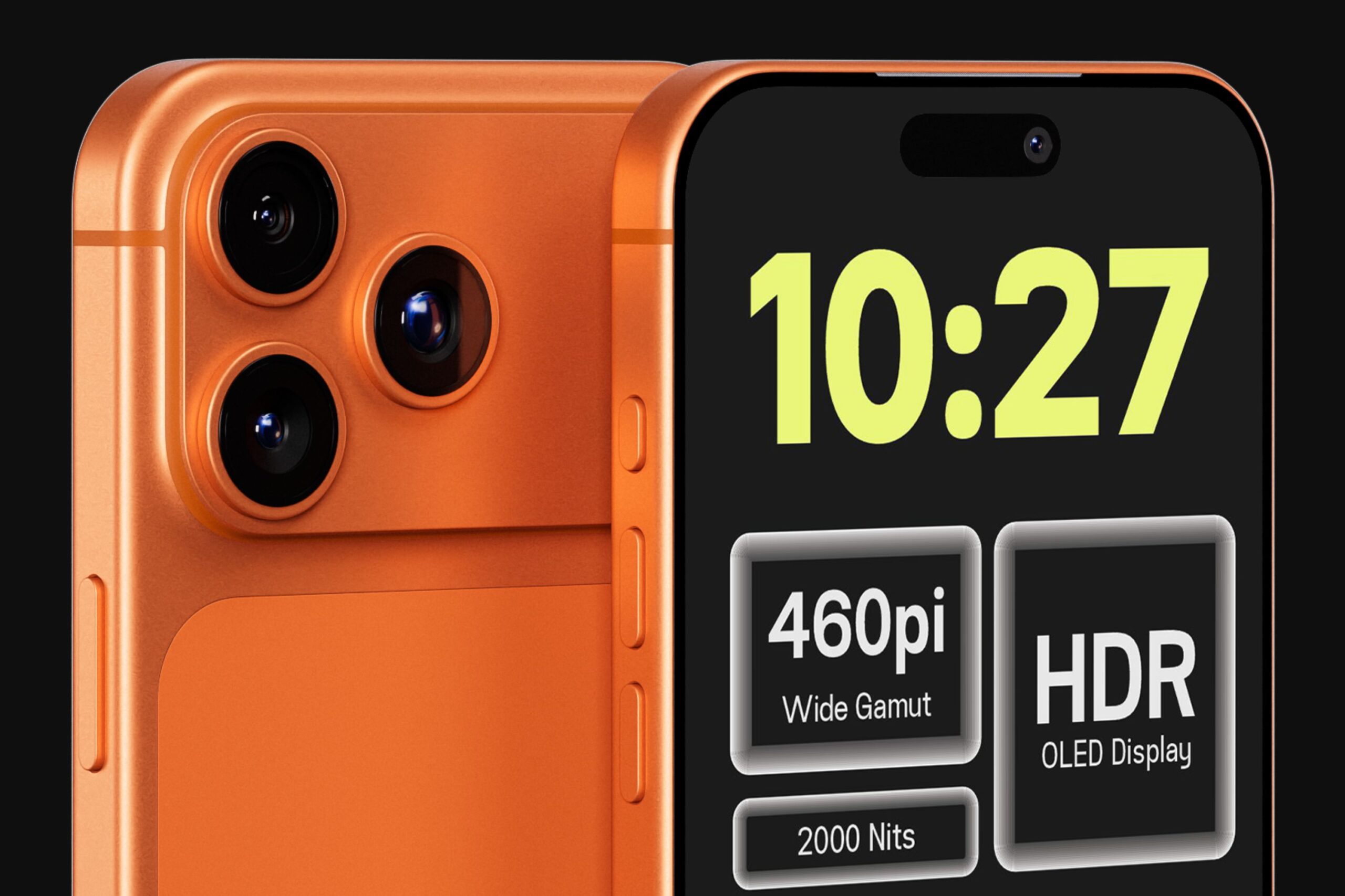 Orange phone showing time 10:27 with camera specs like HDR OLED display