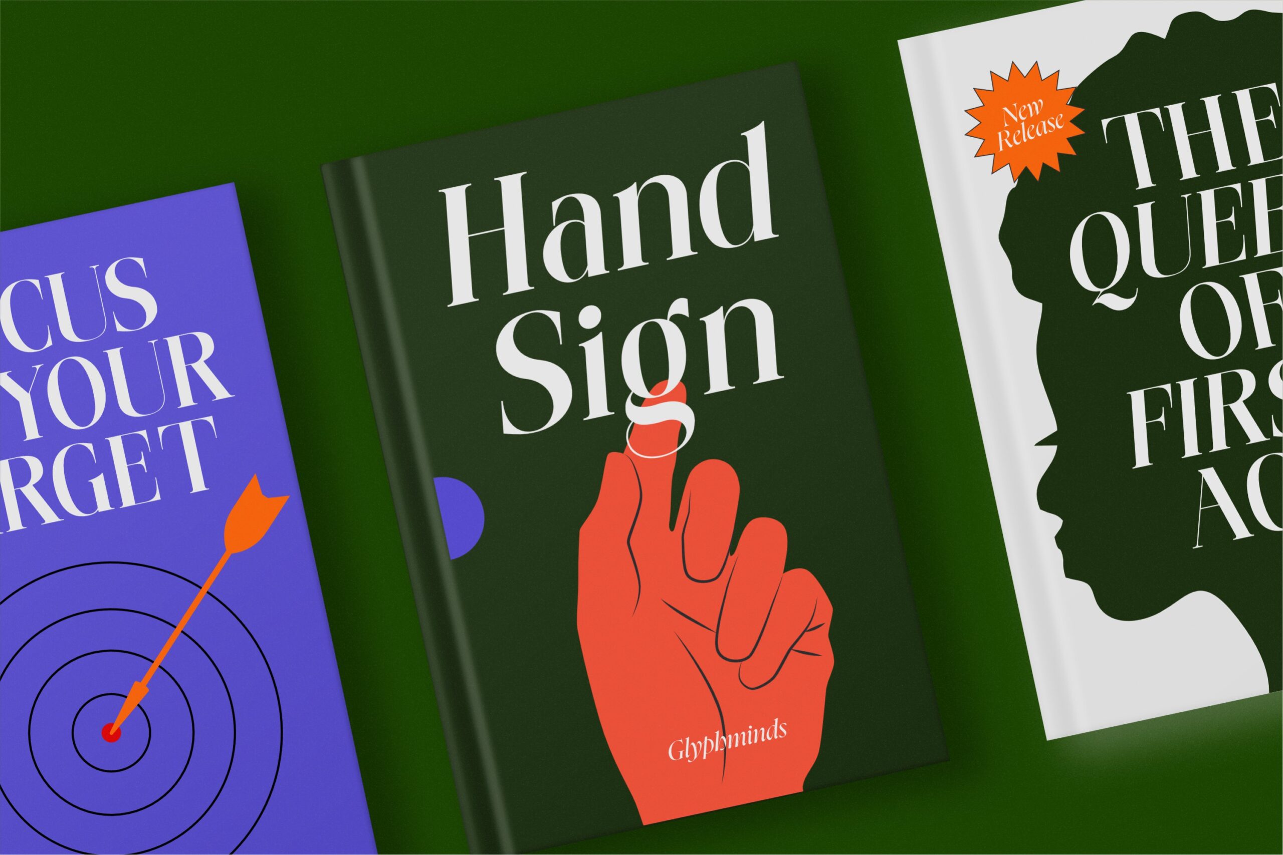 Three stacked book covers with bold typography on green background display