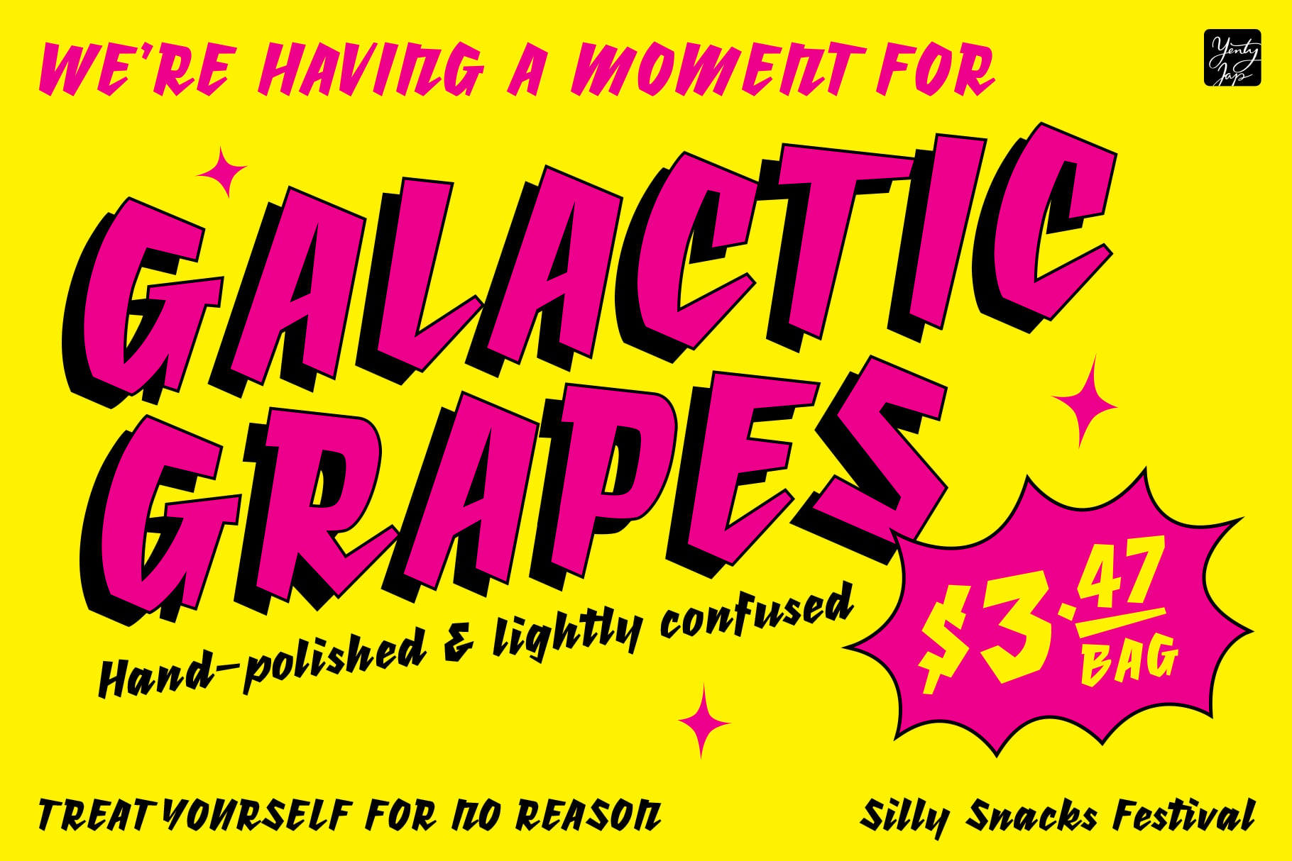 Bright yellow poster announcing galactic grapes sale with hot pink bold text, $3.47 price tag