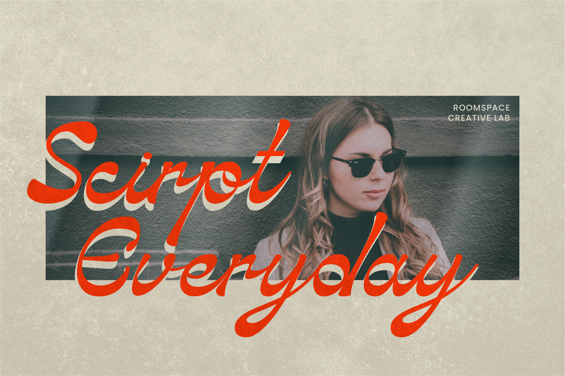 Serif Everyday italic font in red on portrait of woman with sunglasses