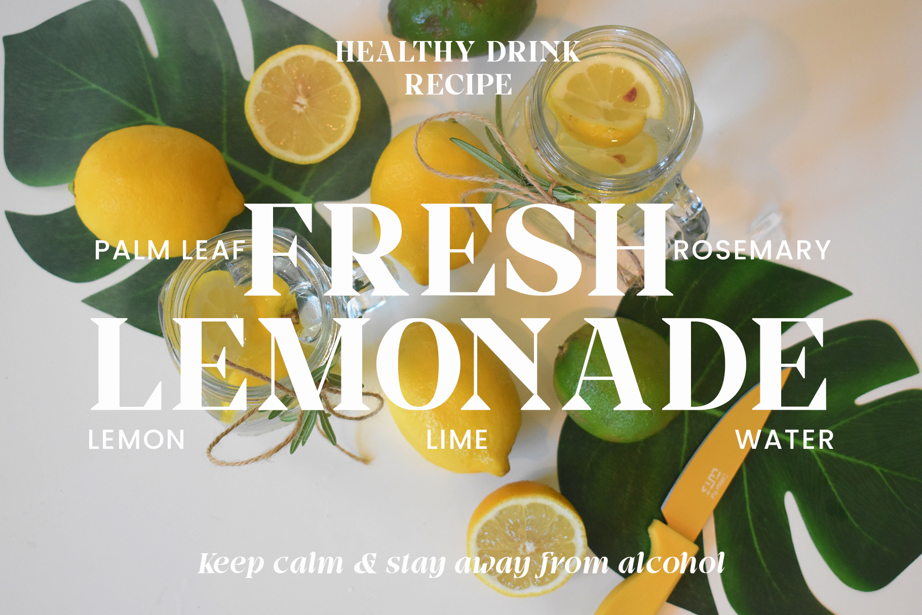 Fresh lemonade recipe flatlay with lemons, limes, rosemary in glass jars