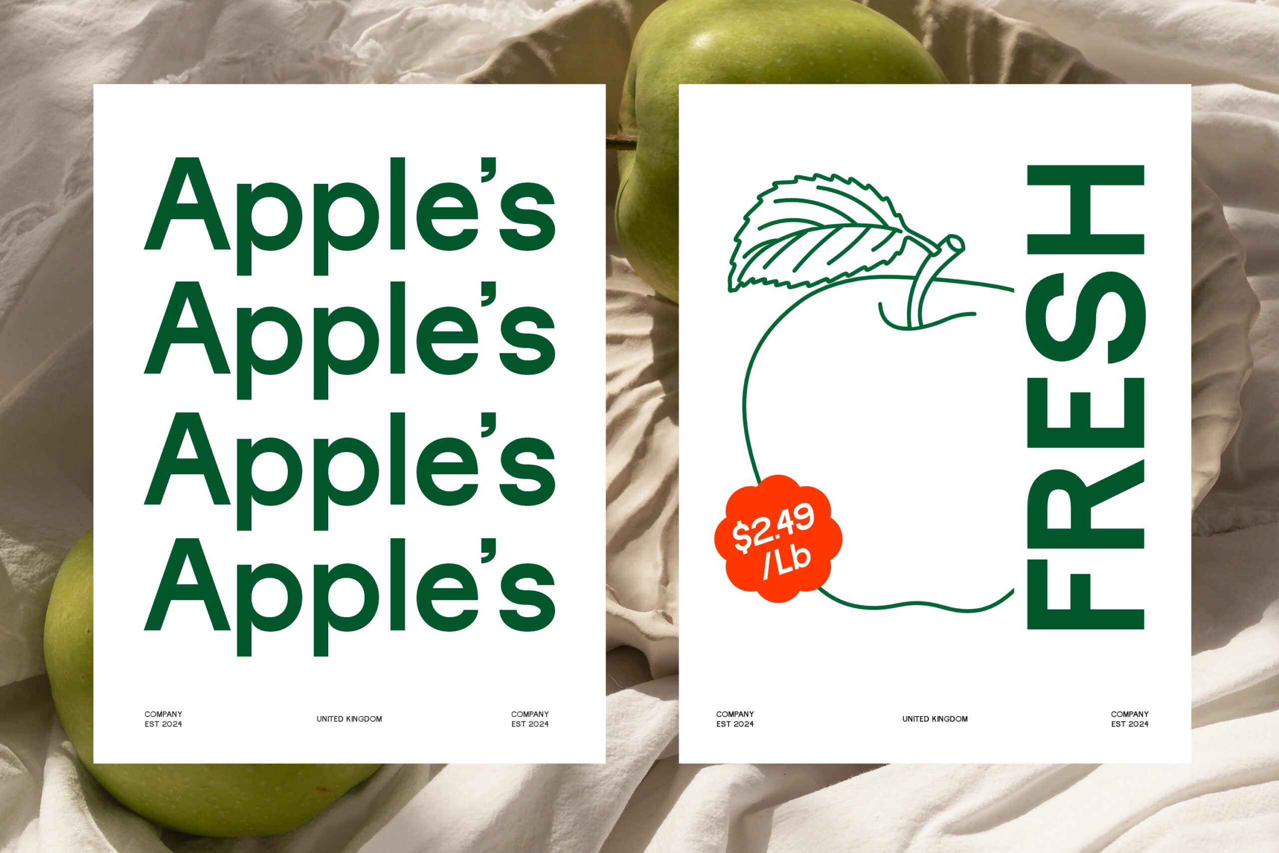 Two grocery store posters with repeating text, apple leaf illustration, price tag on natural background