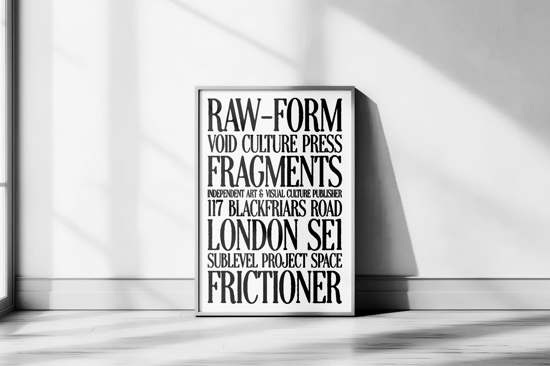 Framed typography poster listing London gallery names in bold serif font against white wall