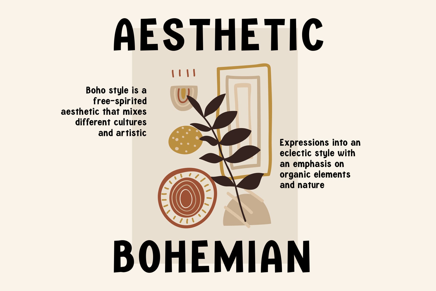 Boho style poster with geometric shapes, plants, circles with earth tones