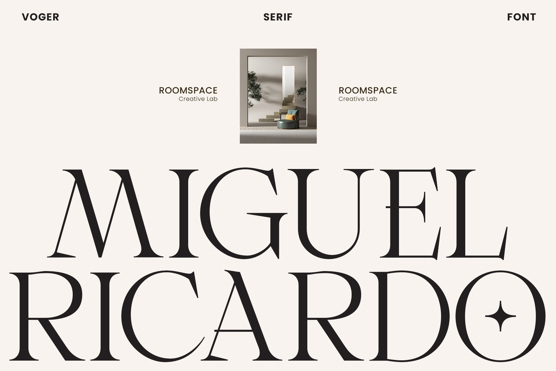 Large serif font spelling Migoei Ricardo with interior room image mockup