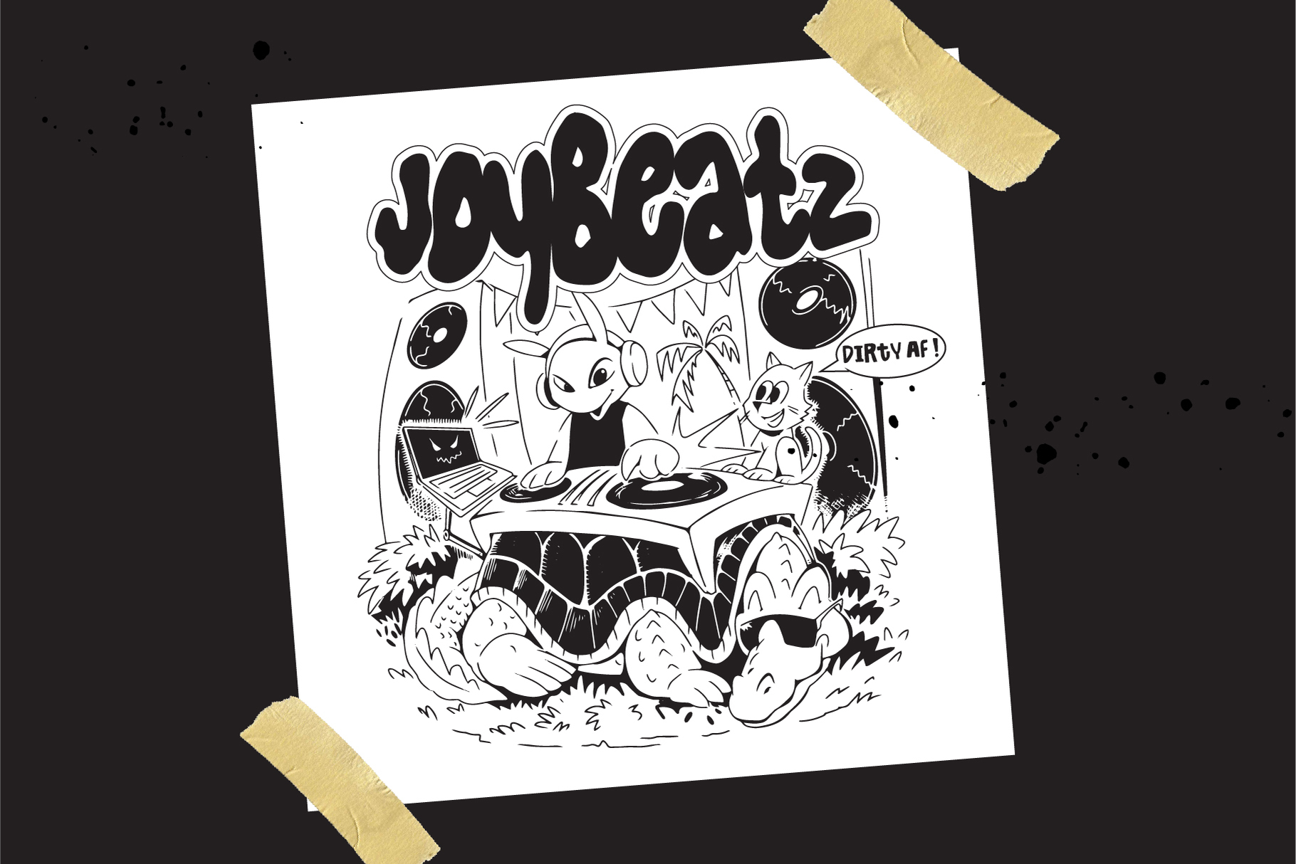 Jargatz2 graffiti-style illustration with DJs at turntables taped to dark wall