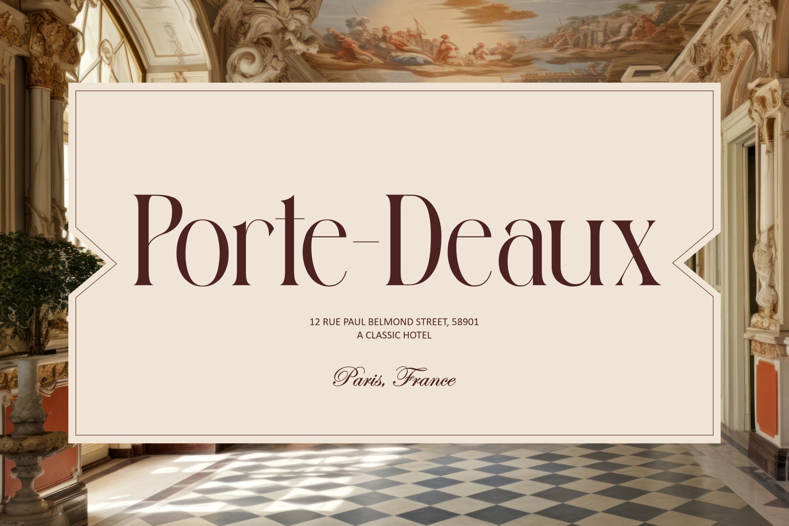 Ornate palace hallway with marble floor displaying Porte Deaux hotel signage in burgundy serif type