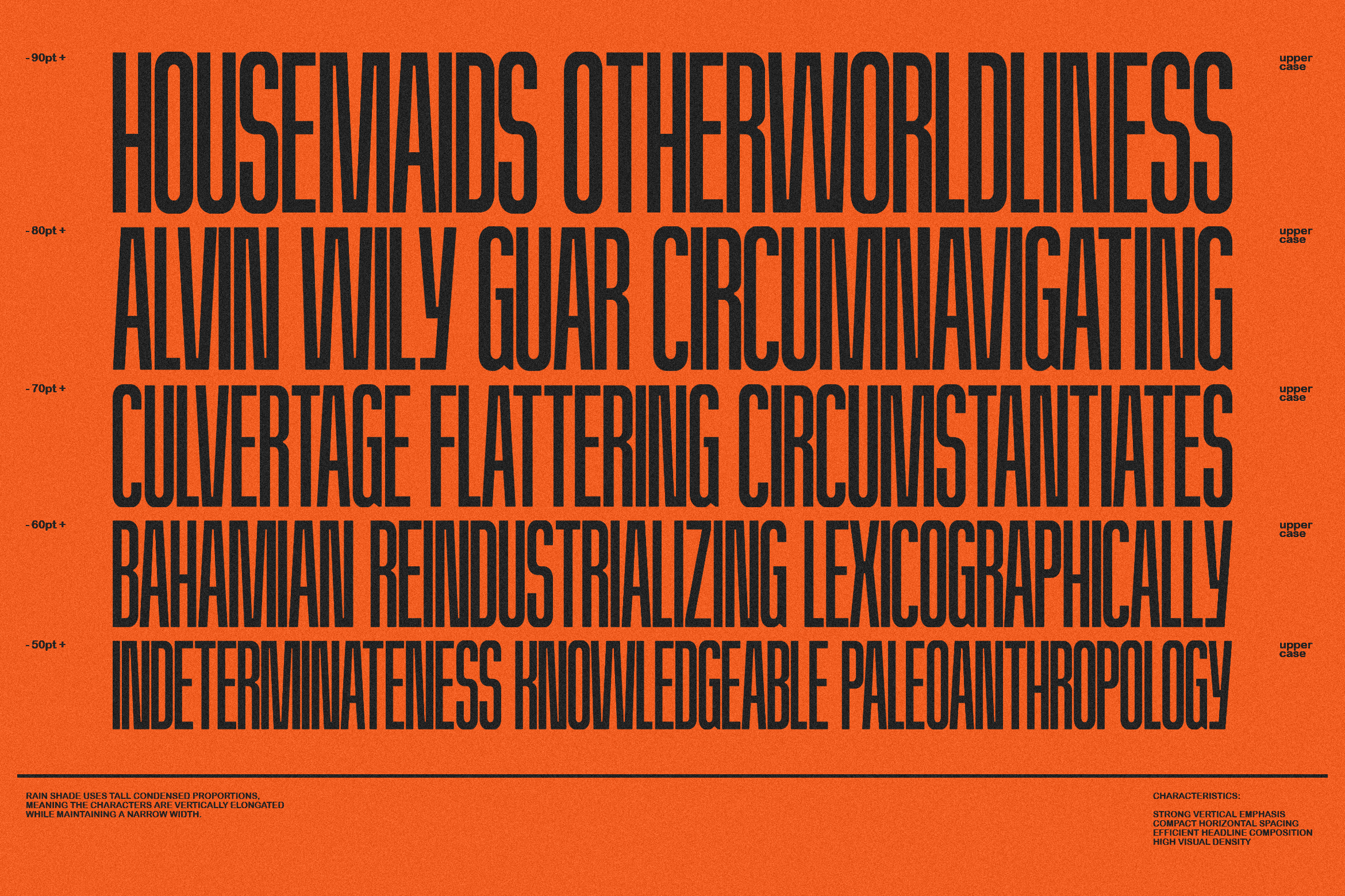 Bold condensed font type specimen on an orange background showcasing various letter sizes from 50pt to 90pt for typography design enthusiasts.