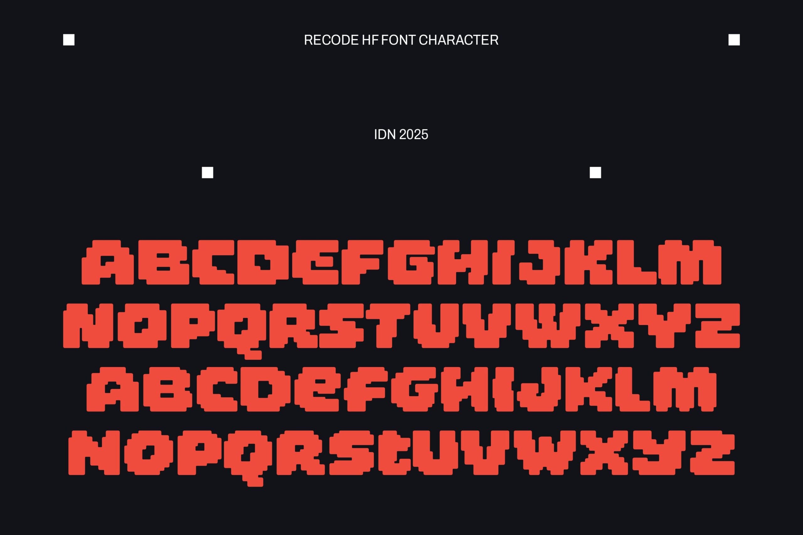 Recode HF font showing full character set in red blocky pixels on black