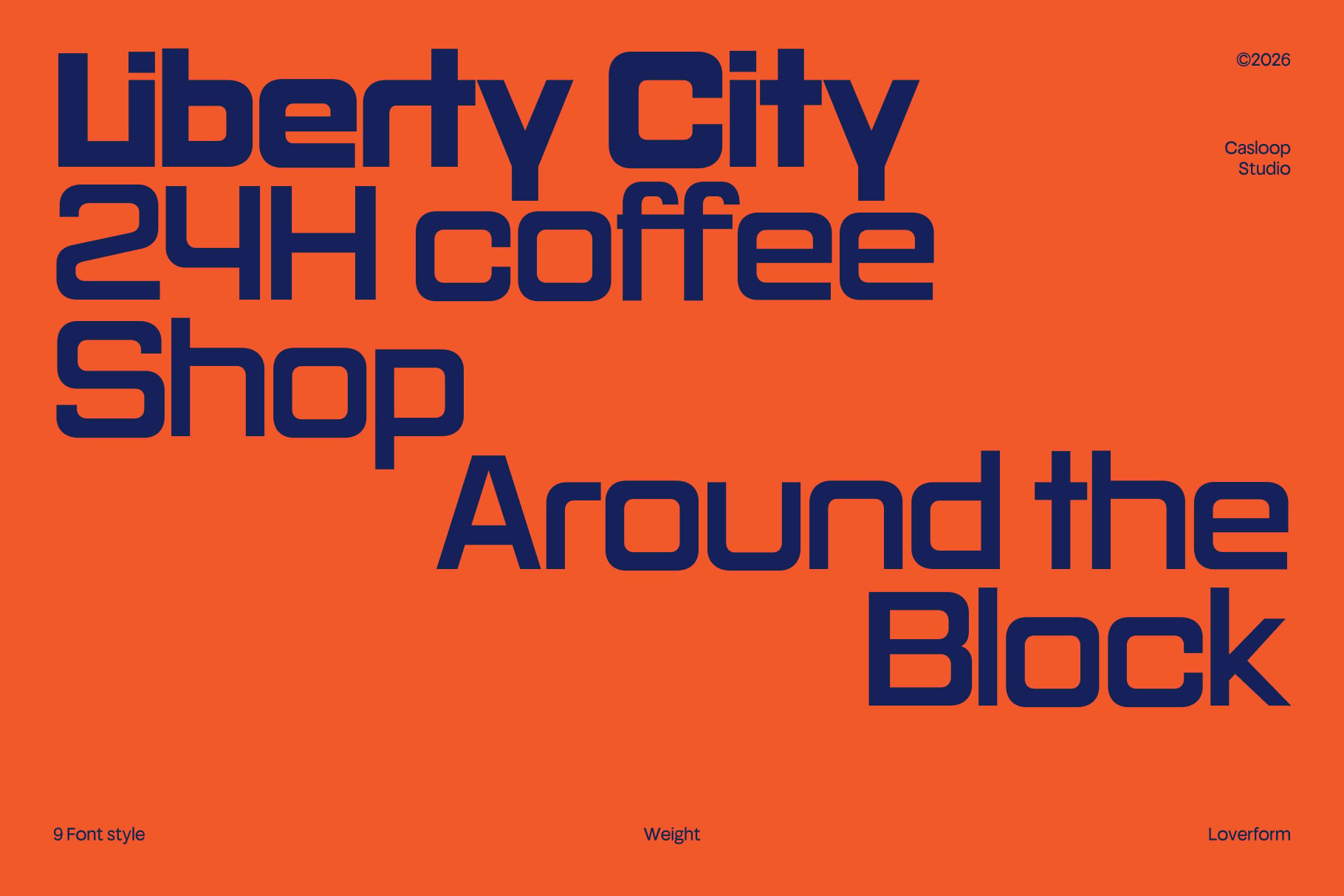 Bold navy typeface on bright orange background showing Liberty City 24H Coffee Shop branding