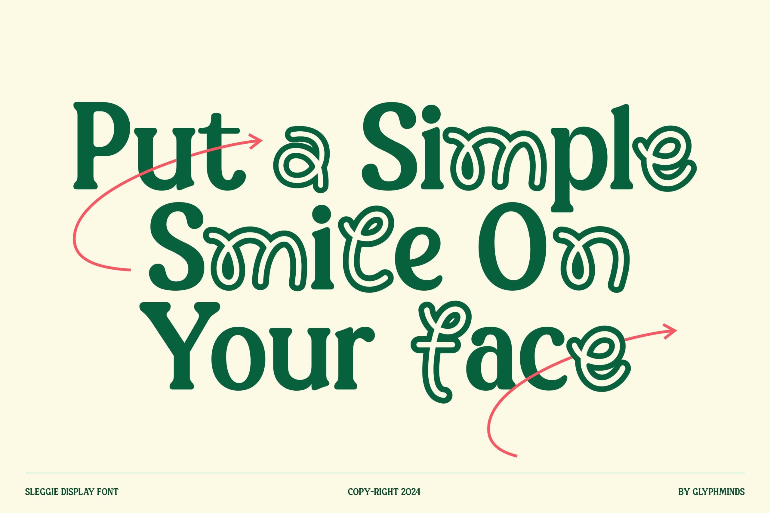 Sleggie display font with playful arrows in green on cream background