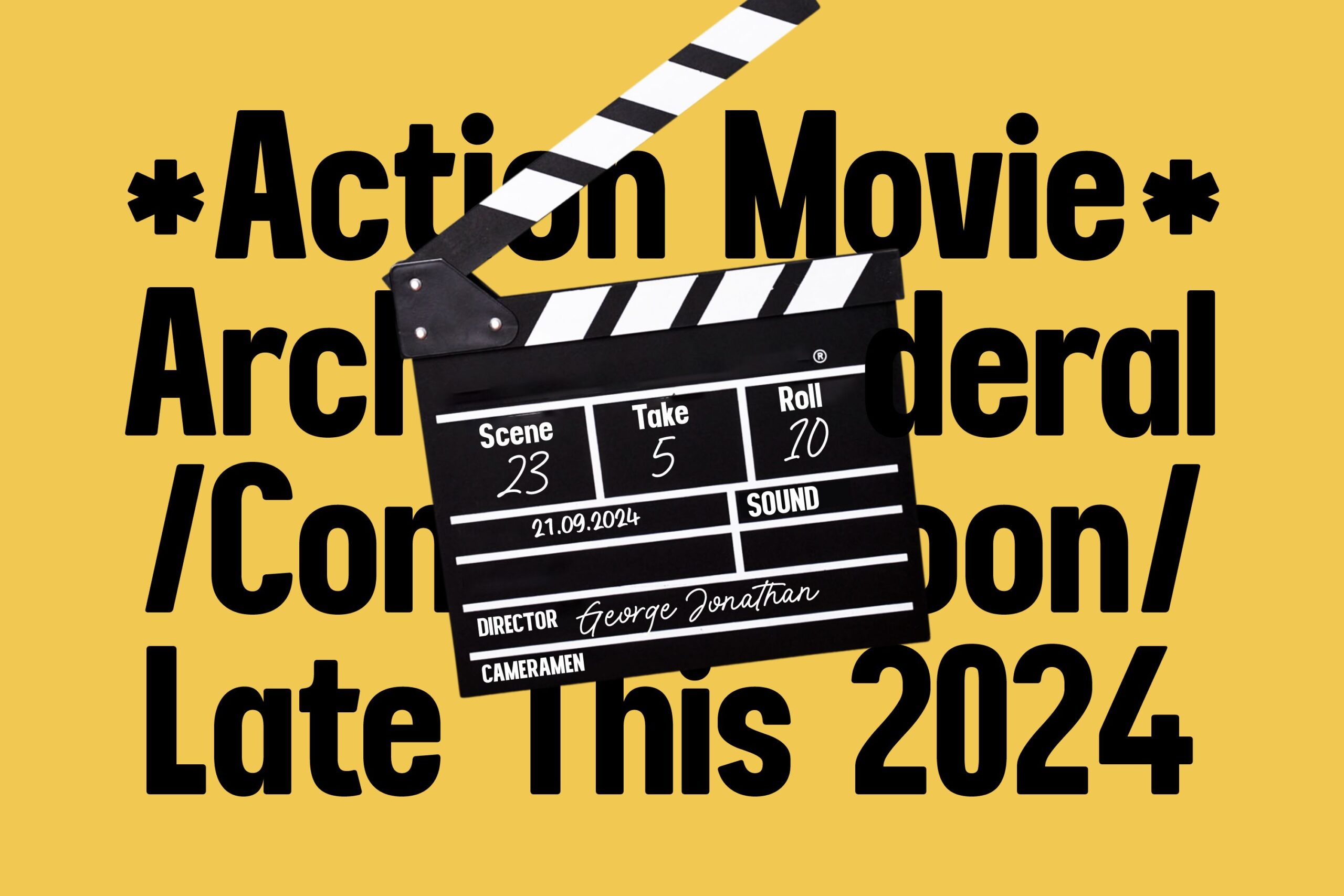 Movie clapperboard on bright yellow background with bold black text promoting action film from 2024