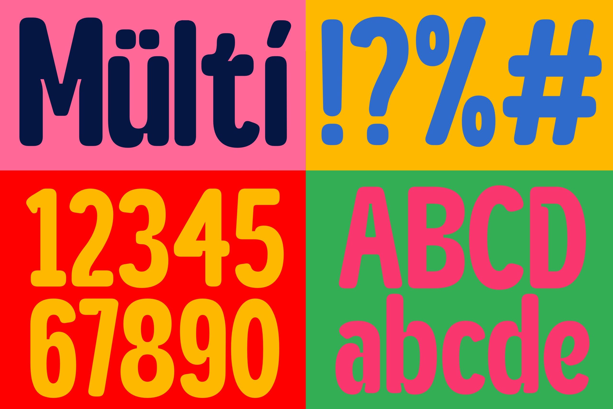 Bold colorful type specimen with numbers symbols letters on split color backgrounds