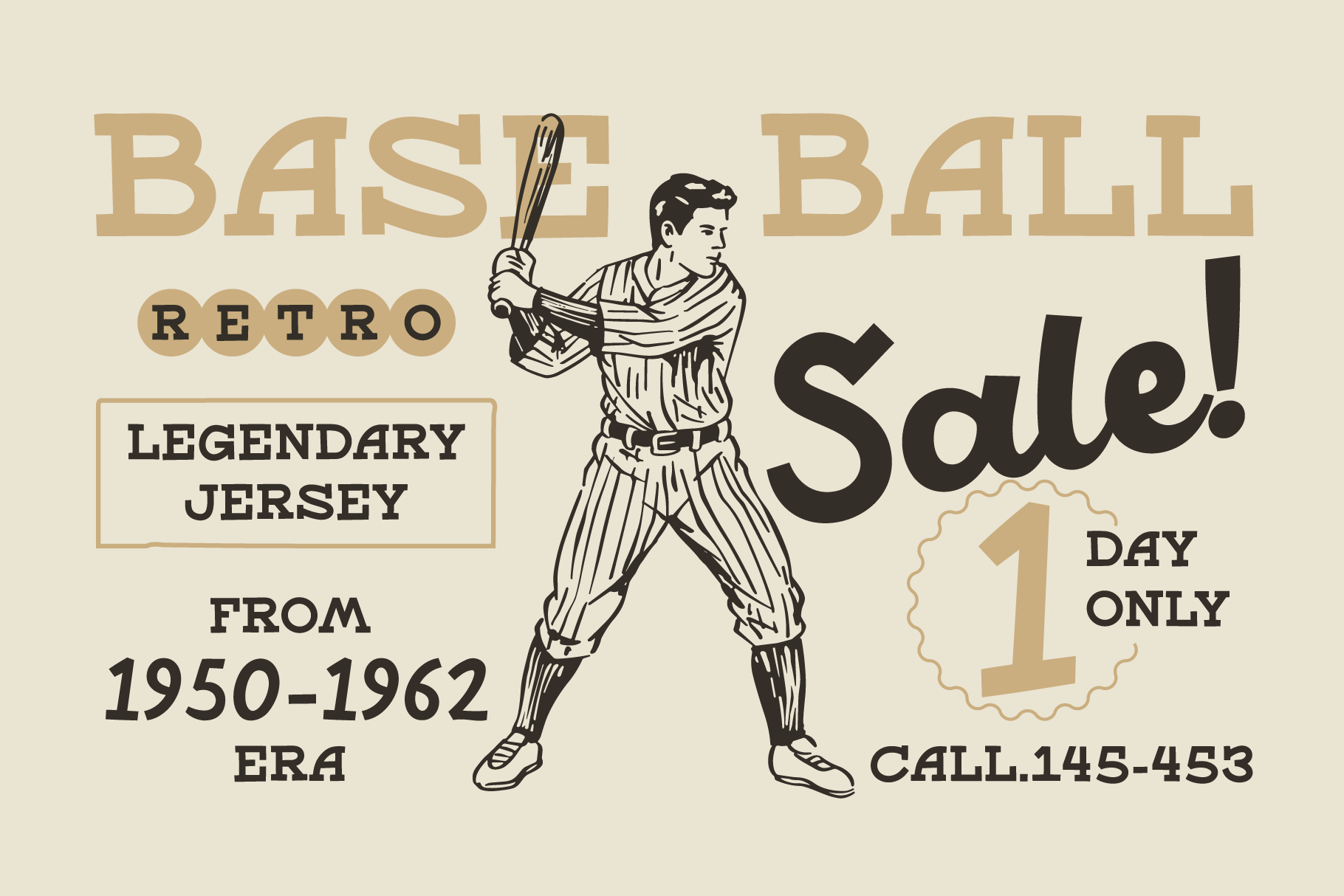 Retro baseball player swinging bat with 1950-1962 jersey sale text on cream background